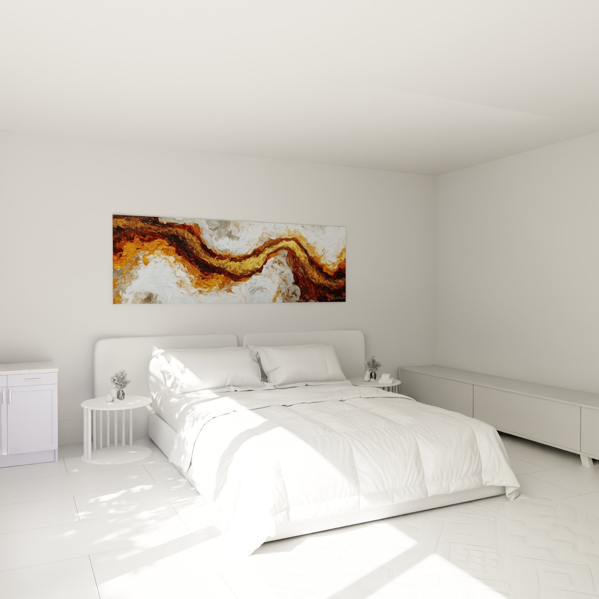 Tableau marbre abstrait doré blanc au-dessus du lit dans chambre contemporaine décoration murale