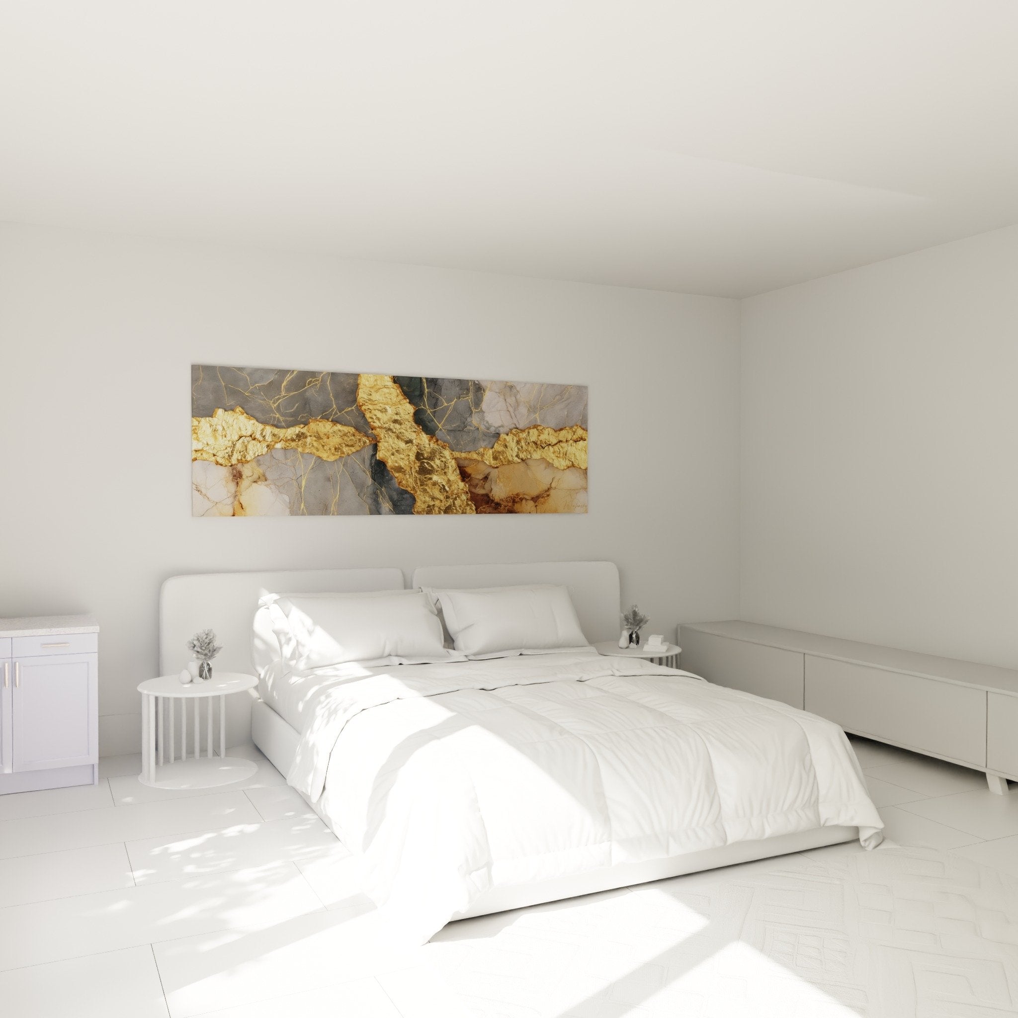 Tableau marbre abstrait doré au-dessus lit chambre moderne décoration murale élégante gris beige