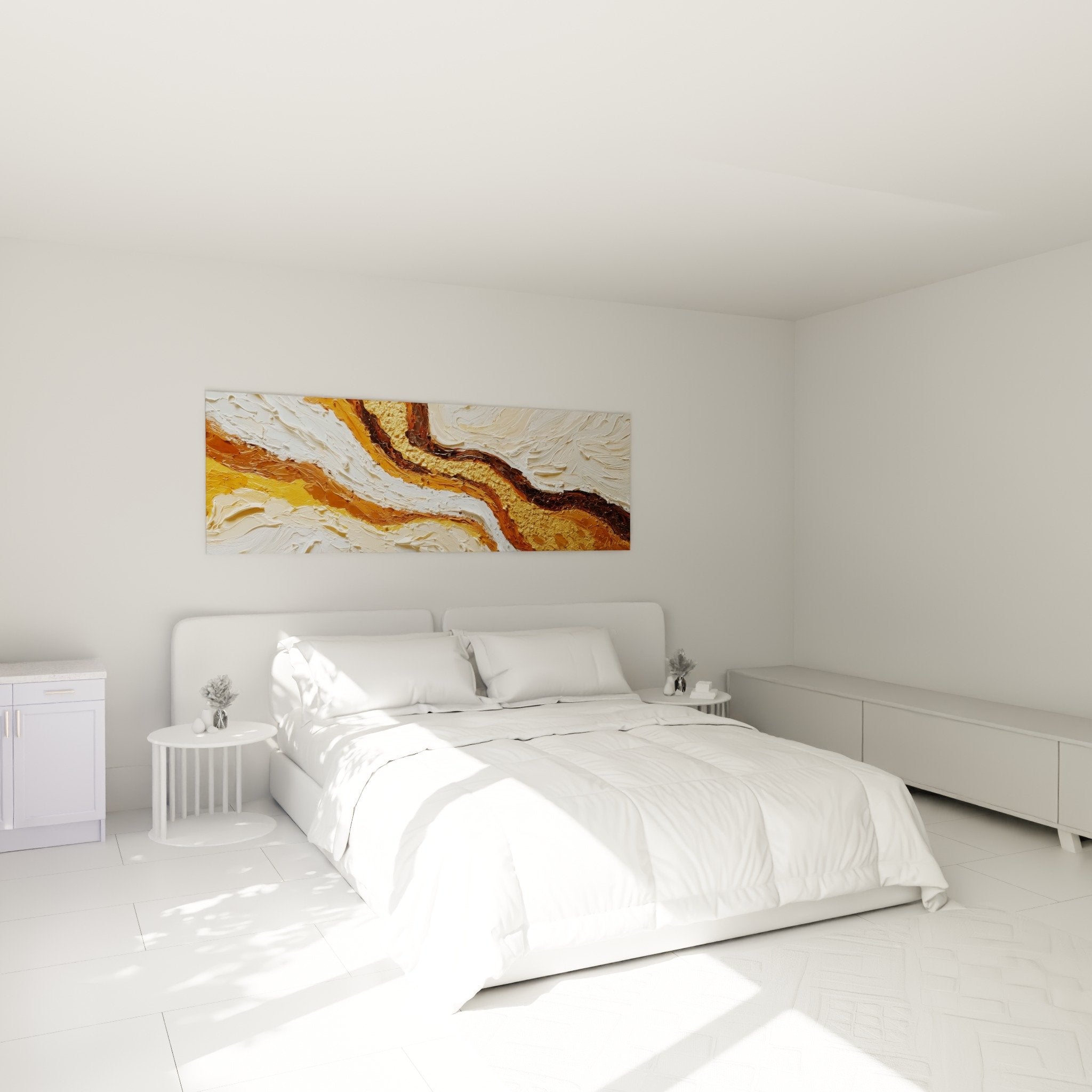 Tableau marbre abstrait doré blanc installé au-dessus lit chambre moderne décoration murale élégante