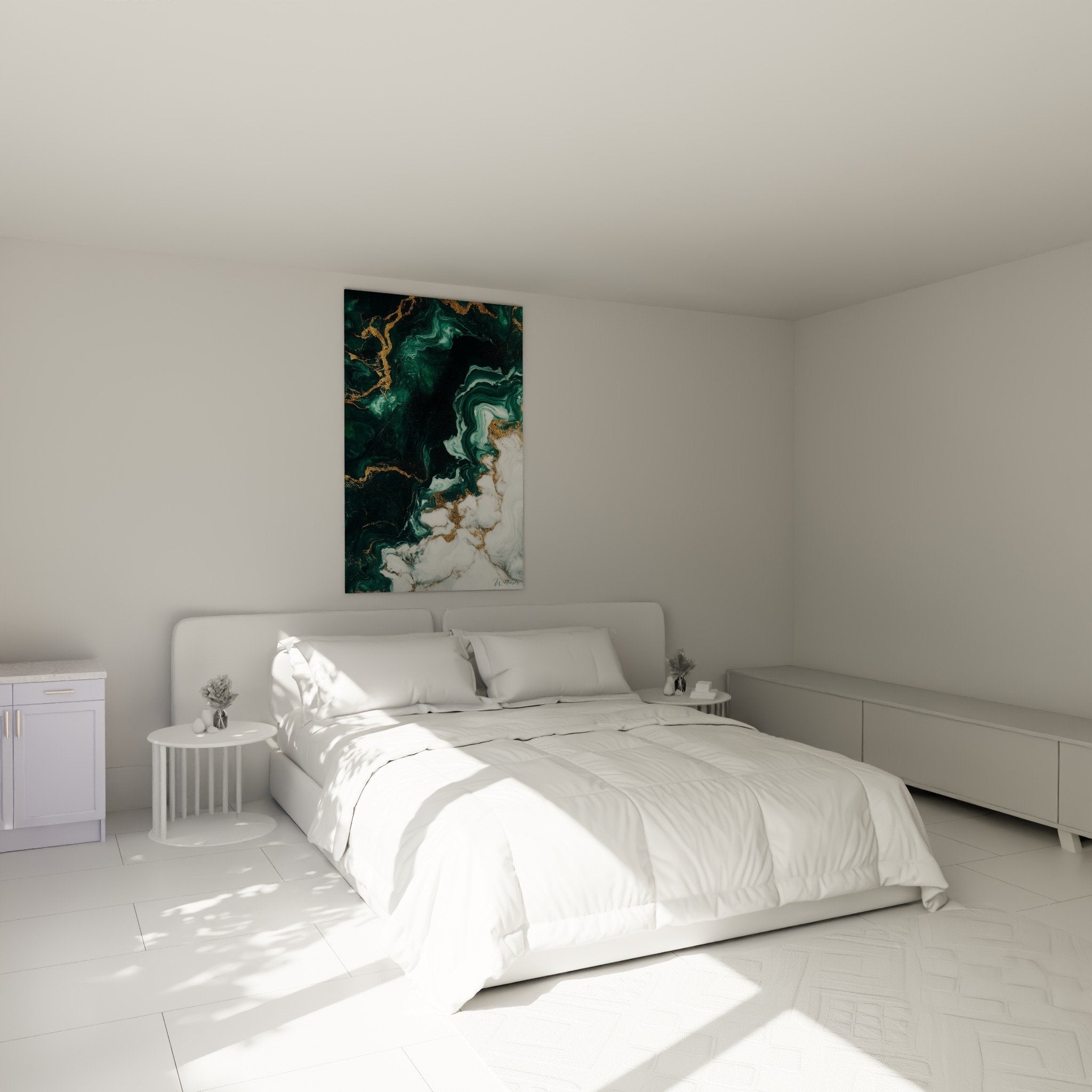 Tableau marbre abstrait émeraude et or installé dans chambre moderne avec décoration contemporaine élégante