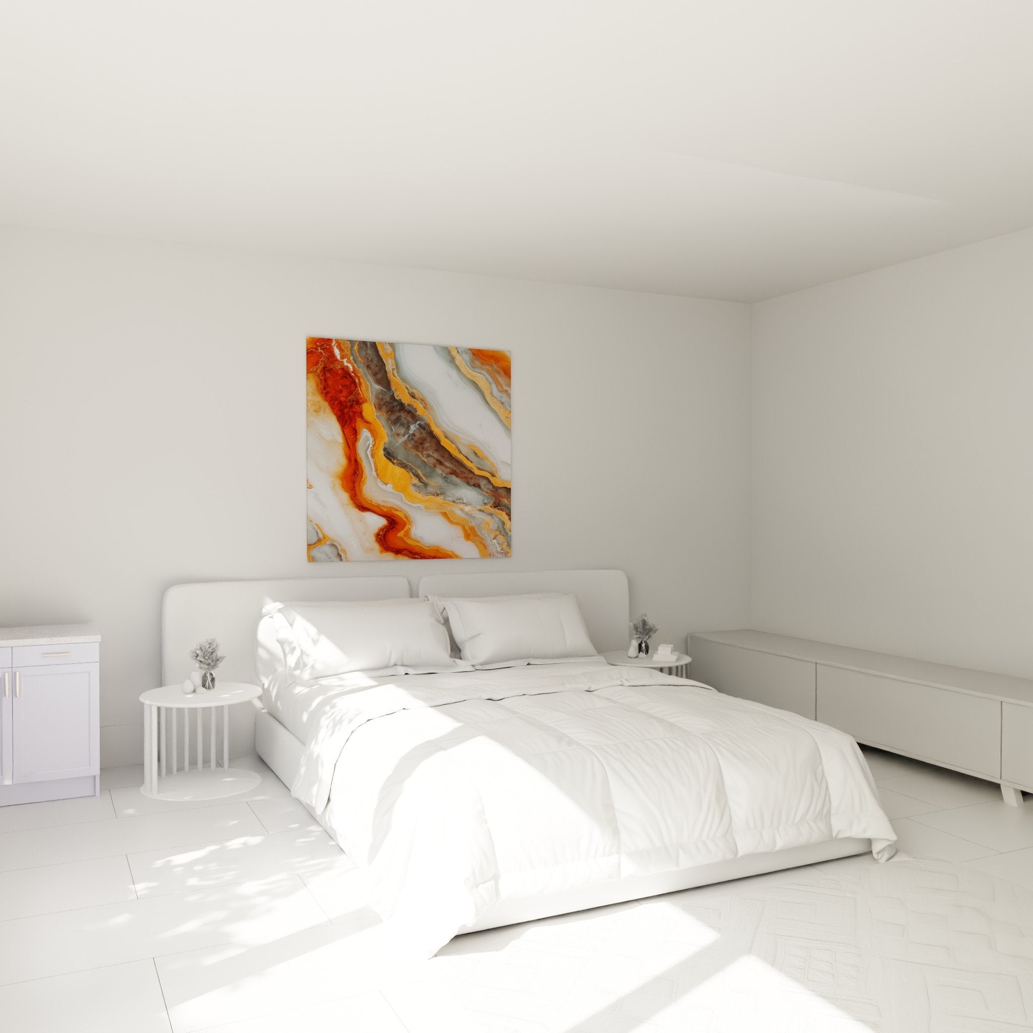 Marbre abstrait orange et gris décorant une chambre moderne aux tons neutres et mobilier contemporain