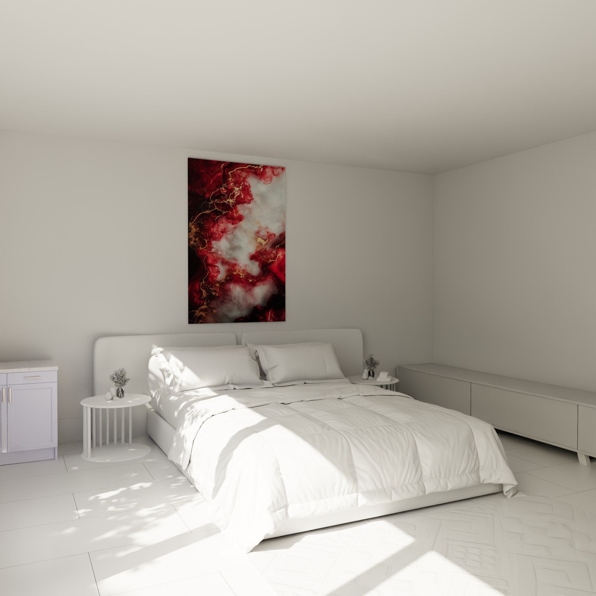 Tableau marbre abstrait rouge bordeaux dans chambre - decoration murale elegante