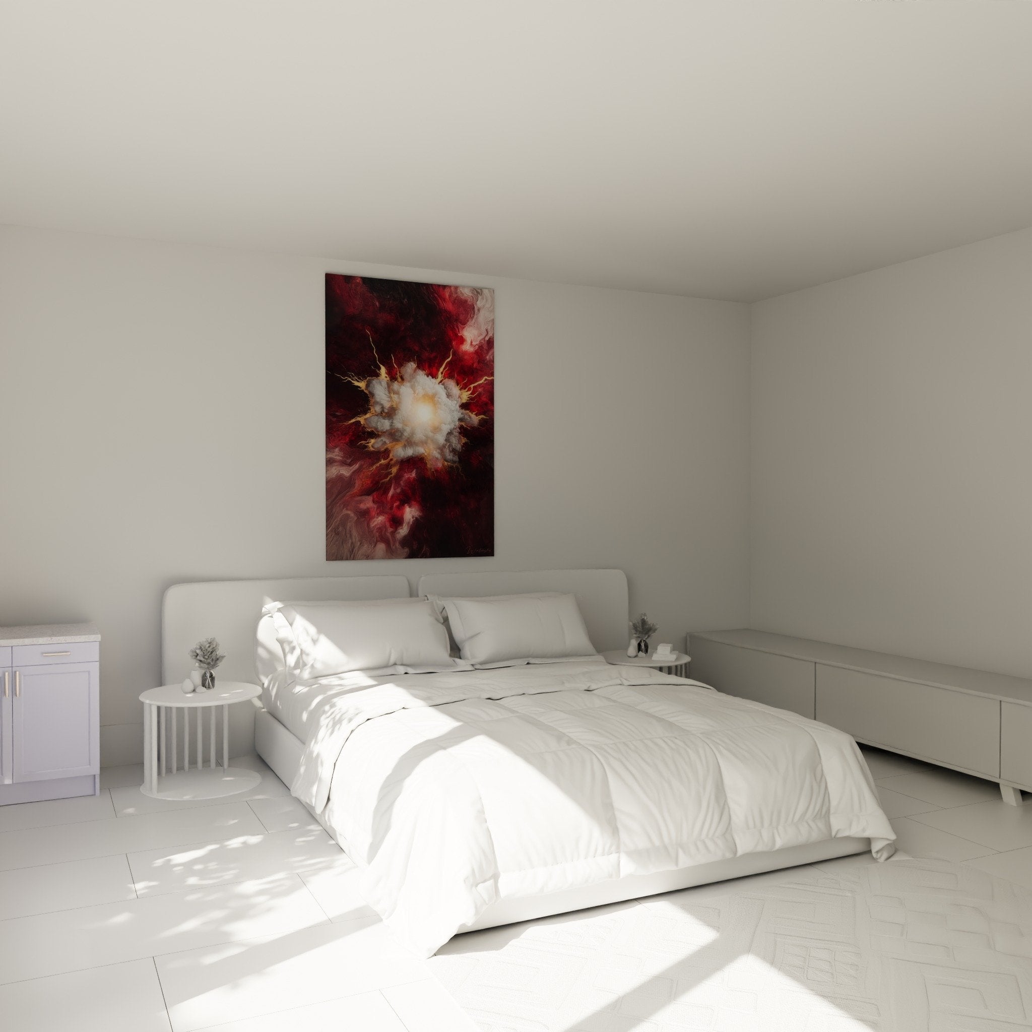 Tableau marbre abstrait rouge dore dans chambre moderne avec murs neutres et mobilier contemporain