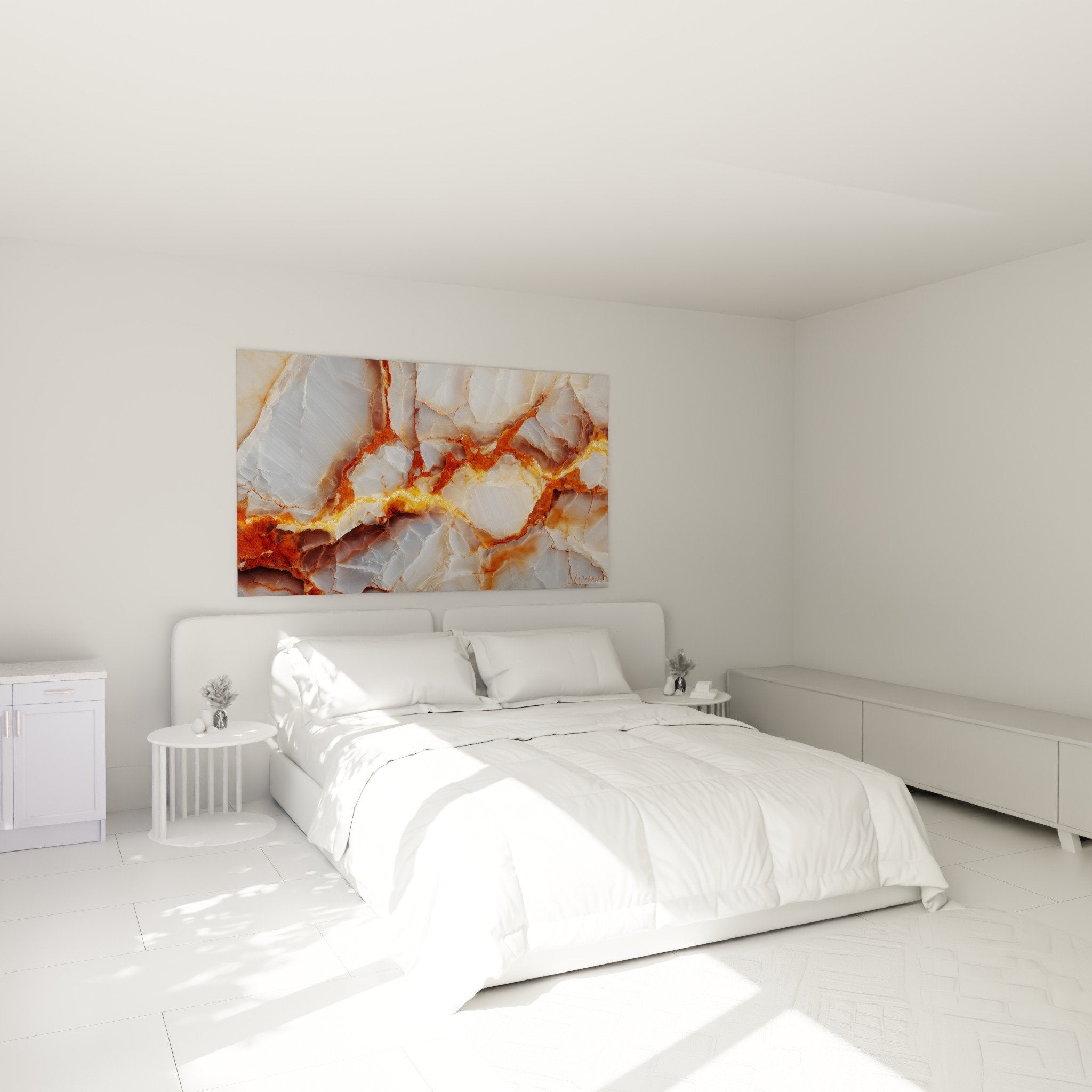 Tableau marbre abstrait veines dorées dans chambre moderne murs clairs mobilier contemporain