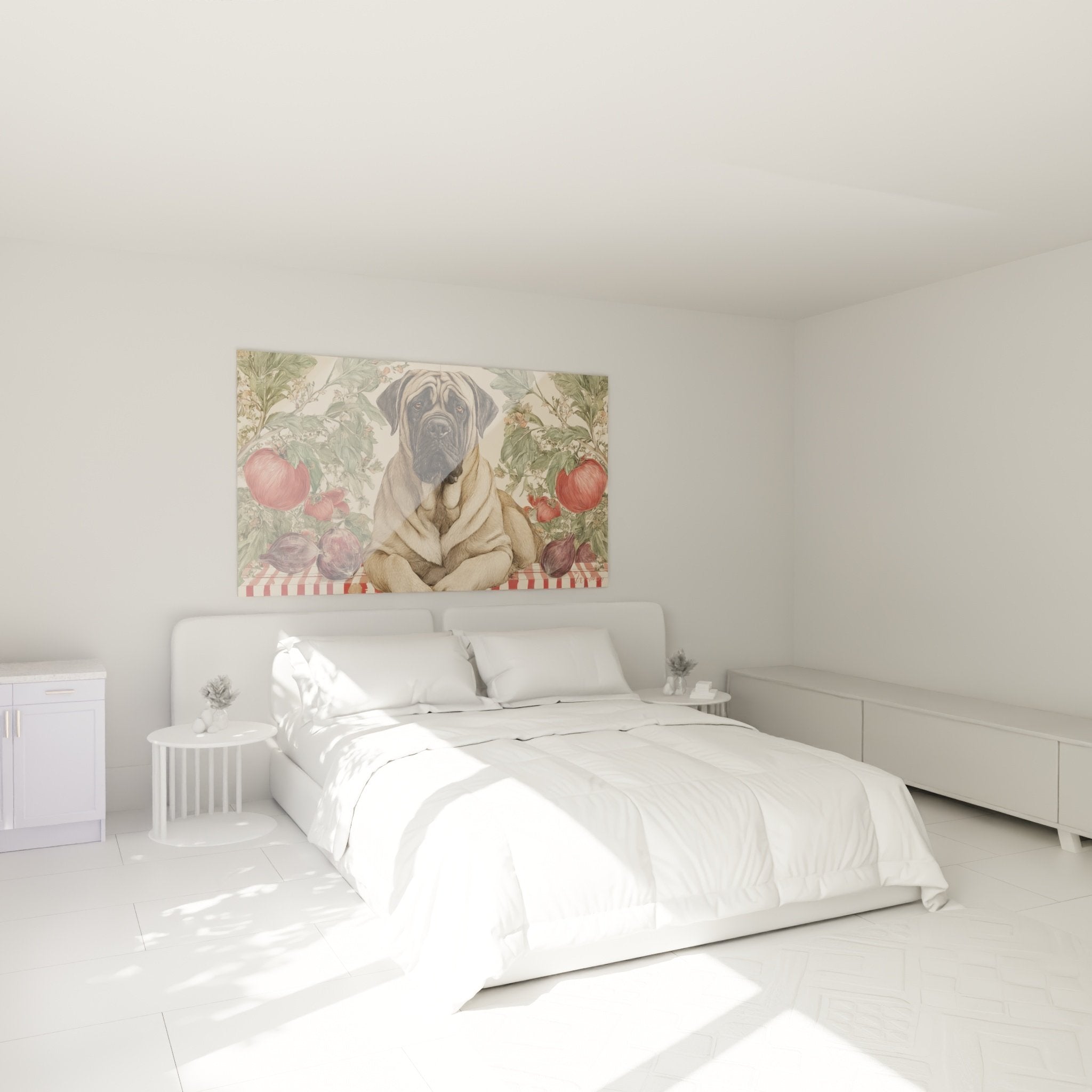Tableau Mastiff Anglais décor végétal tomates dans chambre ambiance douce murs clairs