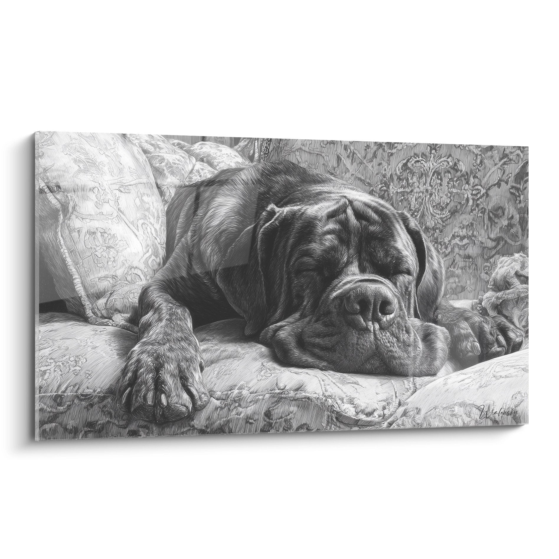 Mastiff Anglais endormi sur canapé fleuri, gravure noir et blanc détaillée, art canin réaliste pour décoration intérieure