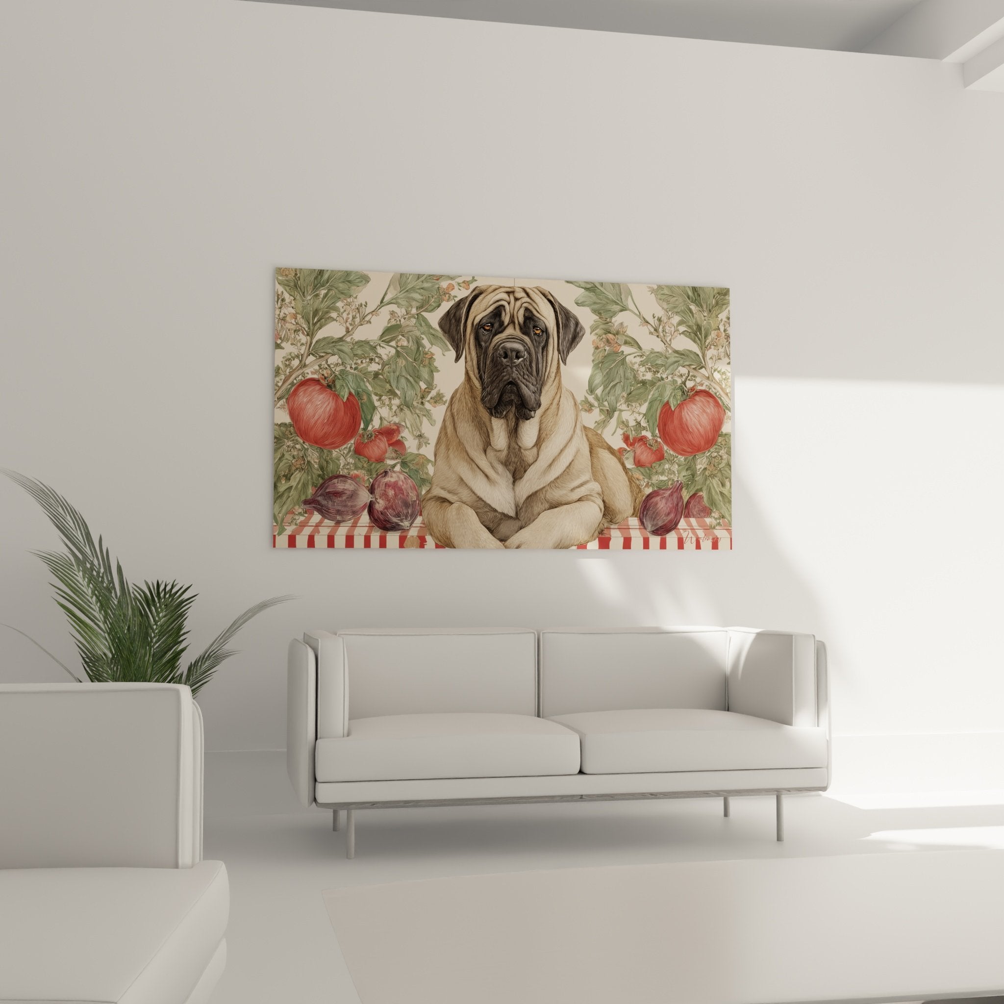 Gros plan portrait Mastiff Anglais pelage fauve masque sombre regard tendre tomates colorées