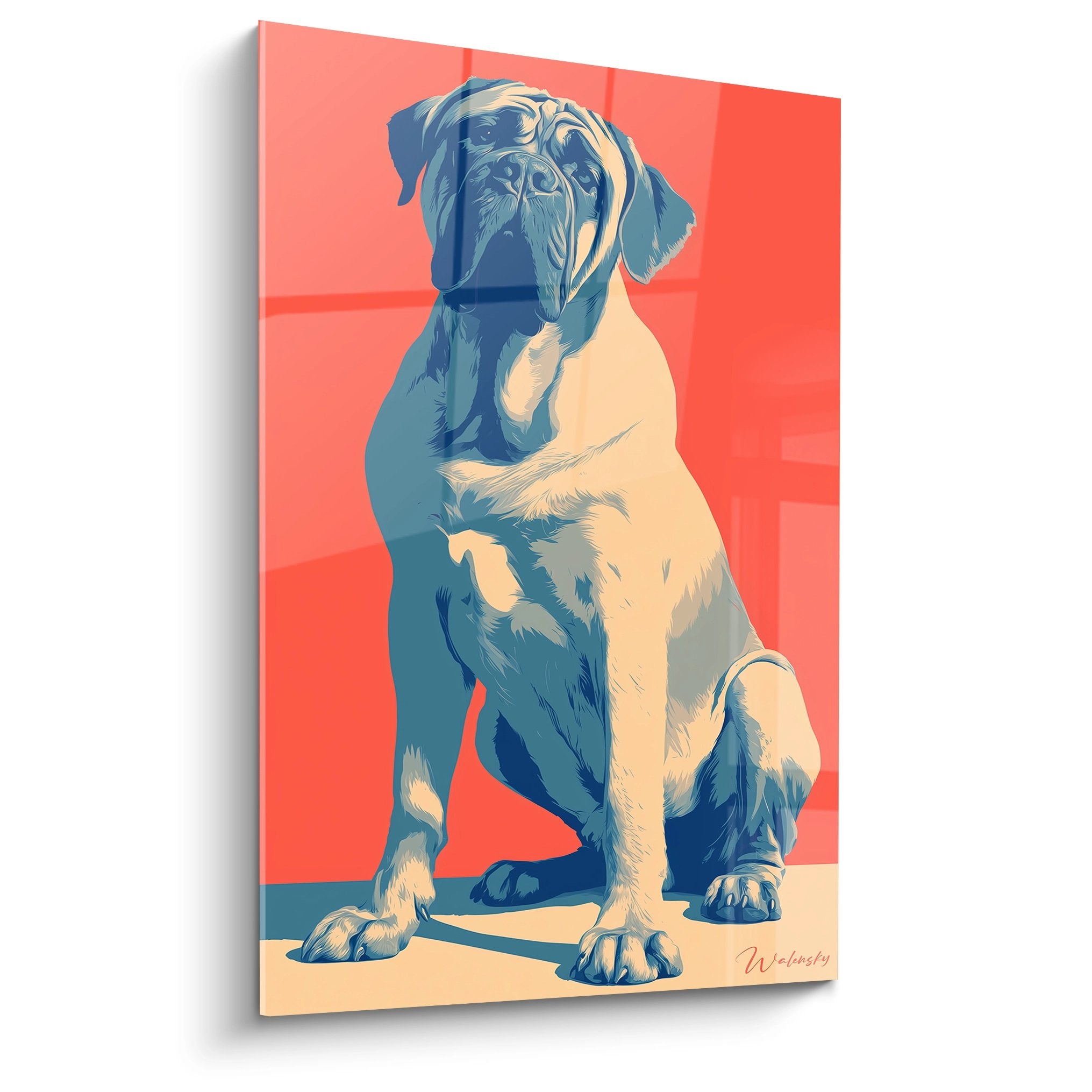 Portrait artistique Mastiff Anglais assis fond corail style pop contemporain bleu doré