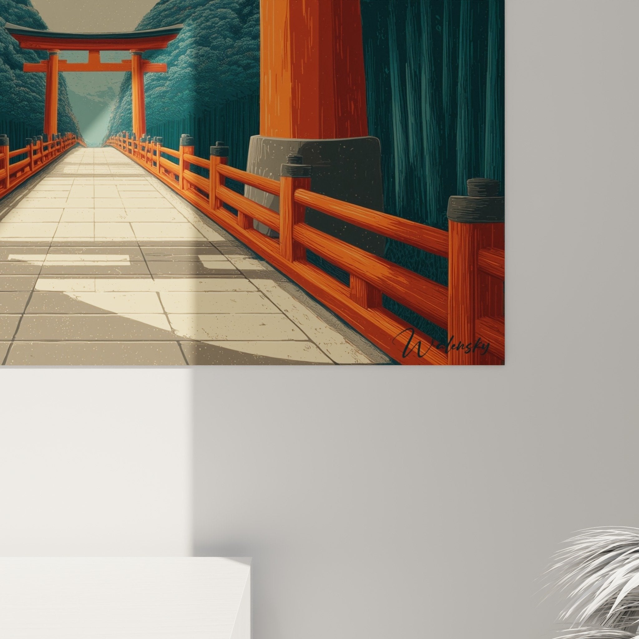 Mise en situation tableau torii pont japonais décoration murale art asiatique automne