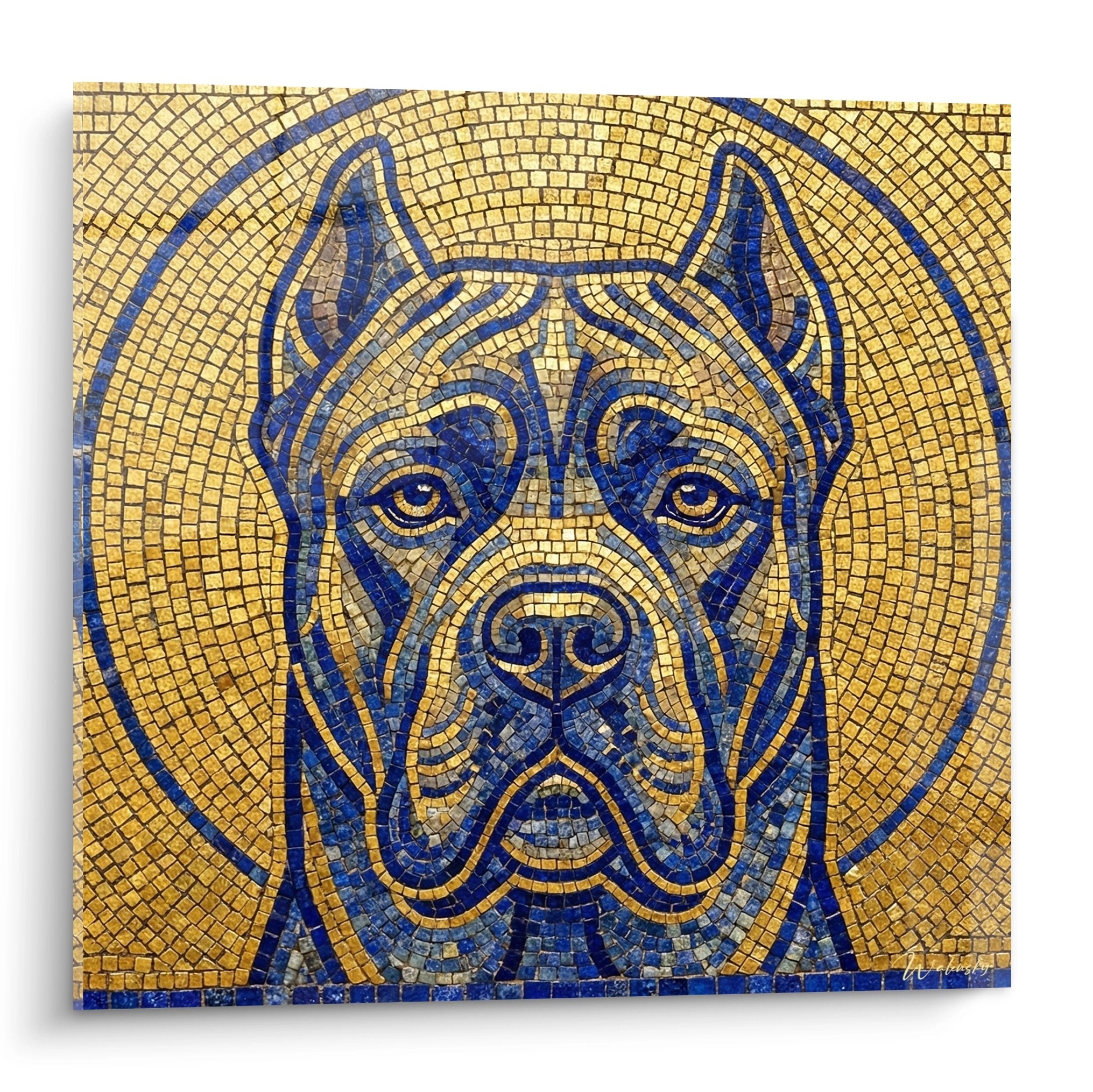 Mosaïque dorée représentant portrait de Cane Corso aux tesselles bleues style art byzantin