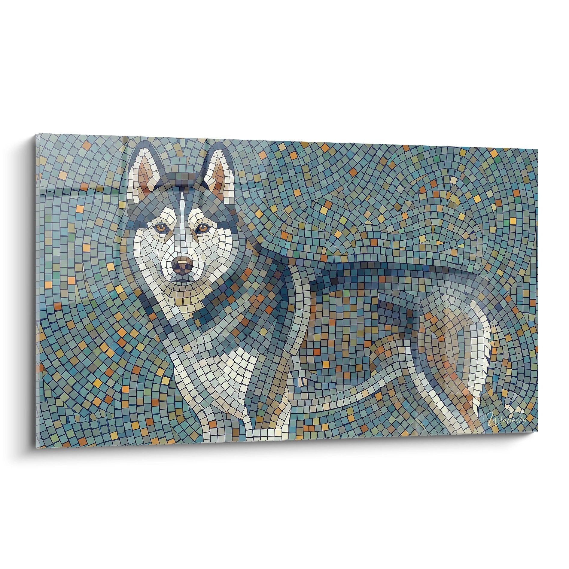 Mosaique husky siberien tons bleu gris regard intense tesselles detaillees art moderne decoration murale