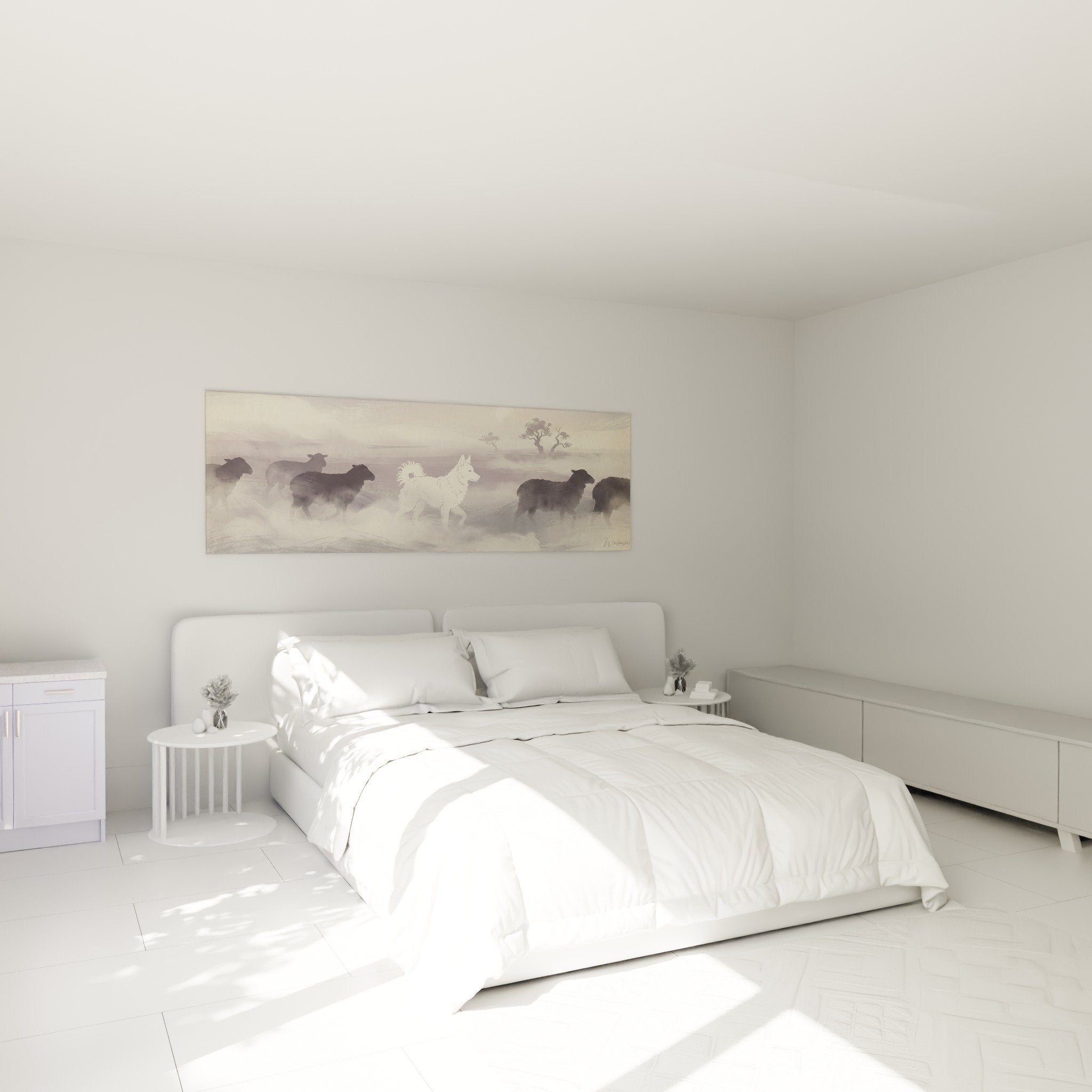 Mudi White Herd Wall Art decorating bedroom with light walls calming ambiance powdery tones Hungarian Shepherd