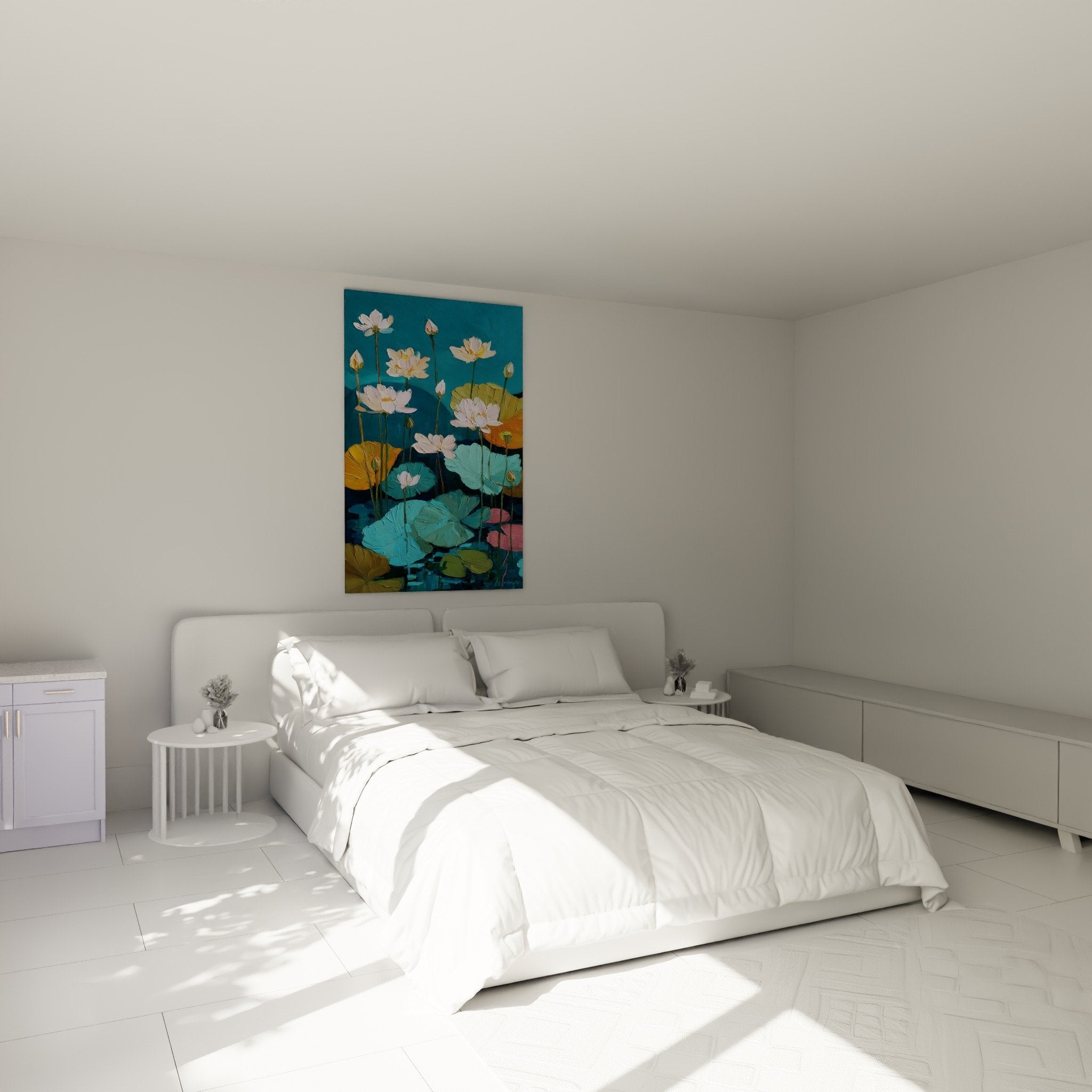 White water lilies wall art decorating a modern bedroom with light walls