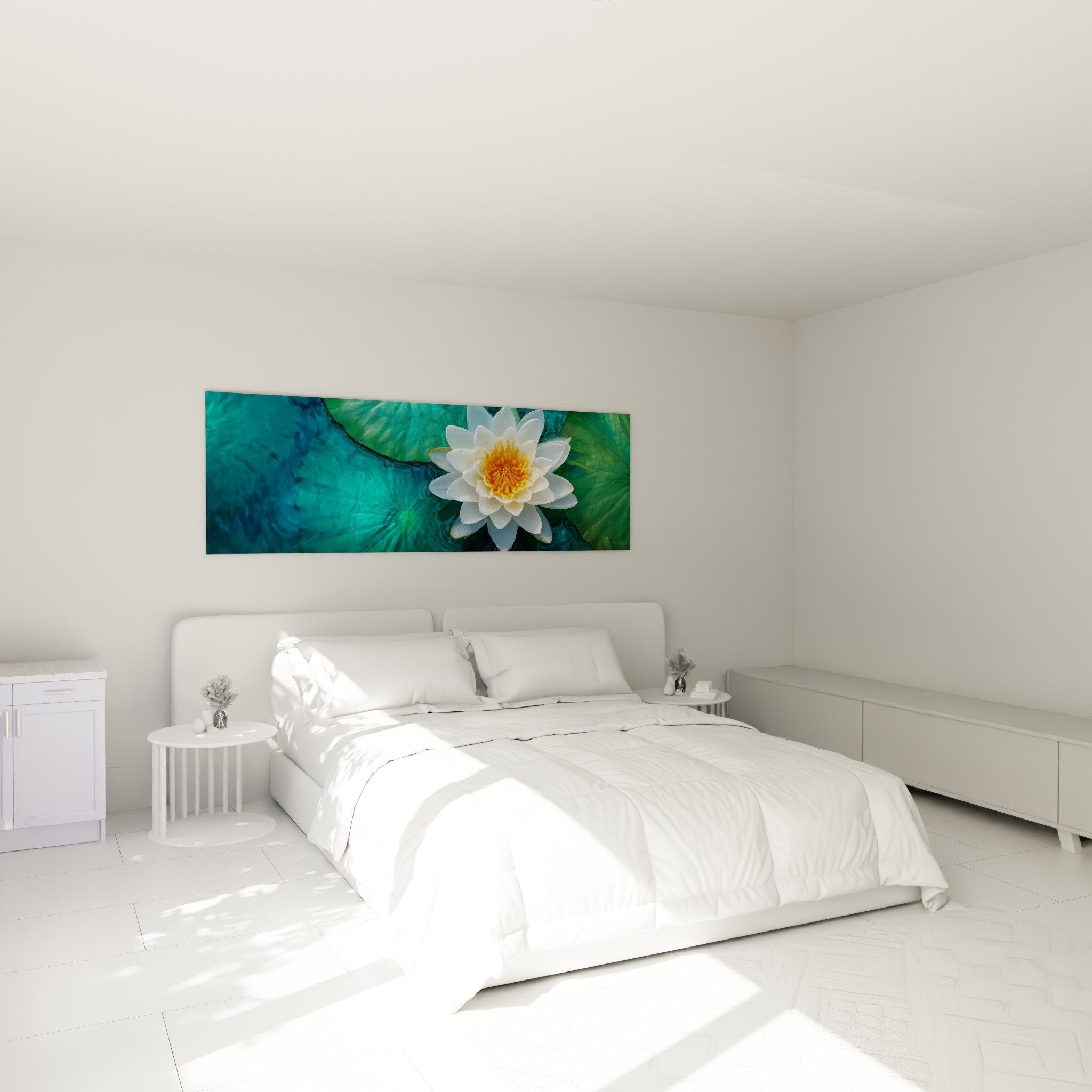Tableau nénuphar blanc et jaune sur fond turquoise décorant chambre moderne aux tons apaisants