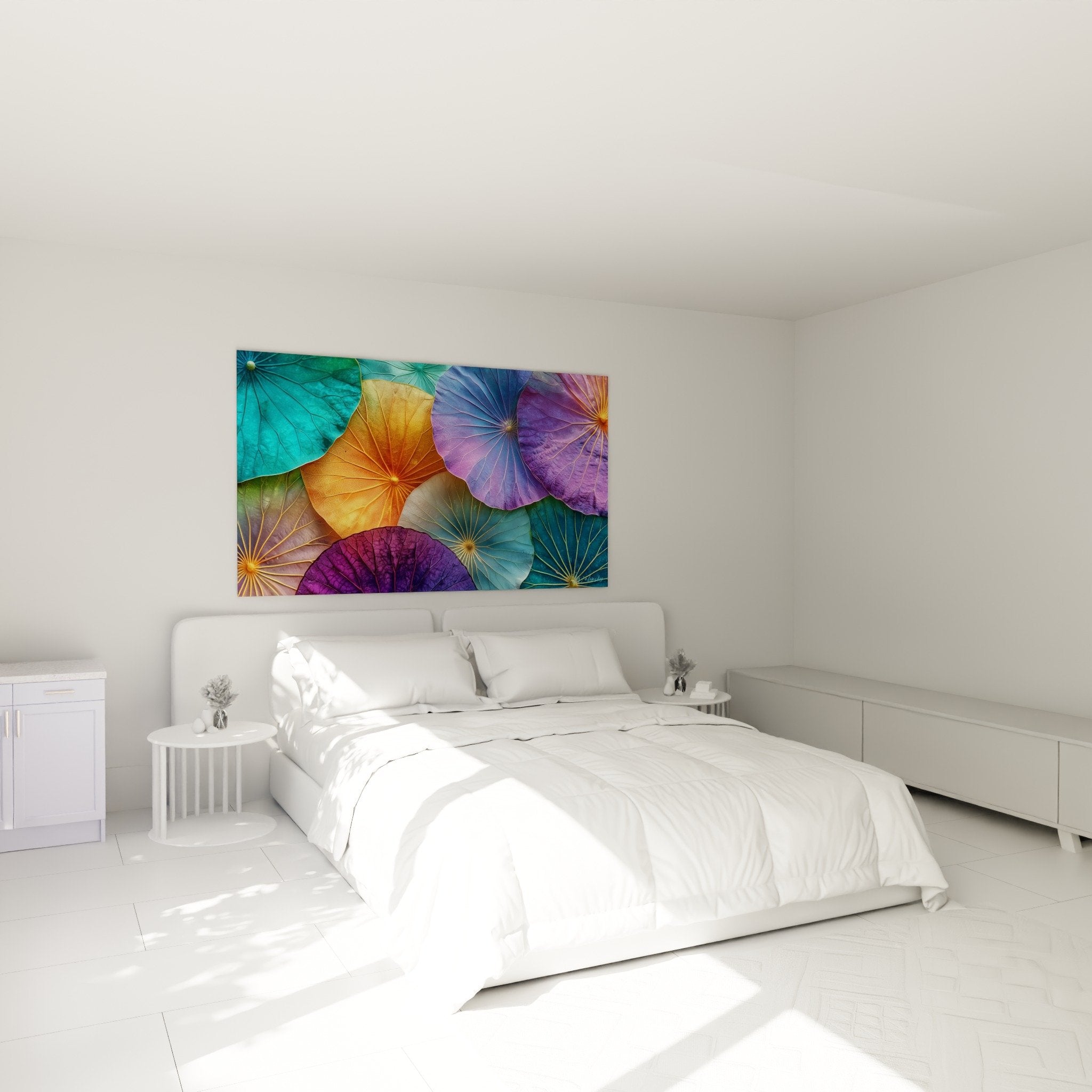 Tableau nenuphar chambre decoration murale feuilles lotus colorees ambiance zen apaisante