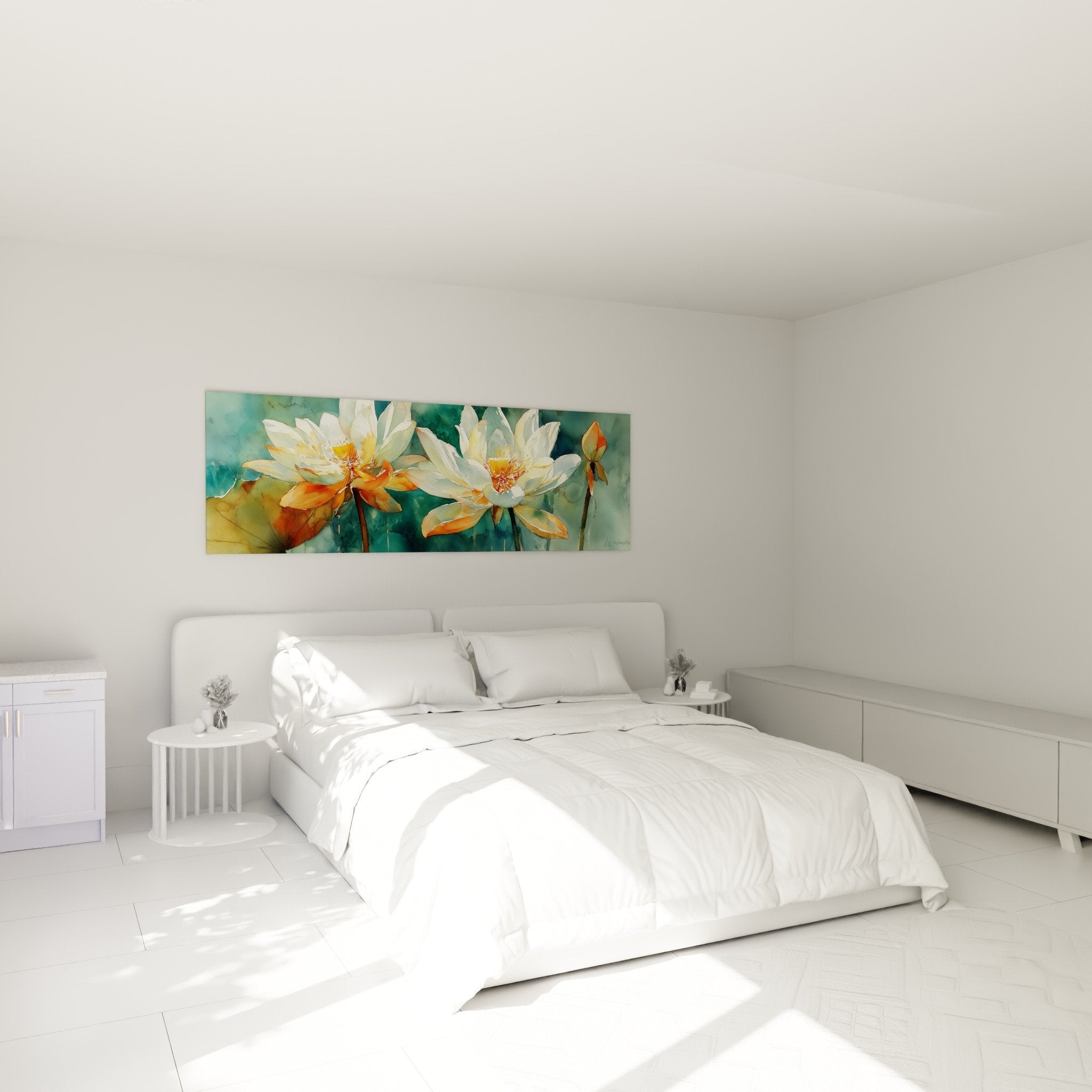Nénuphars blancs turquoise dans chambre moderne, ambiance zen et relaxante pour décoration murale