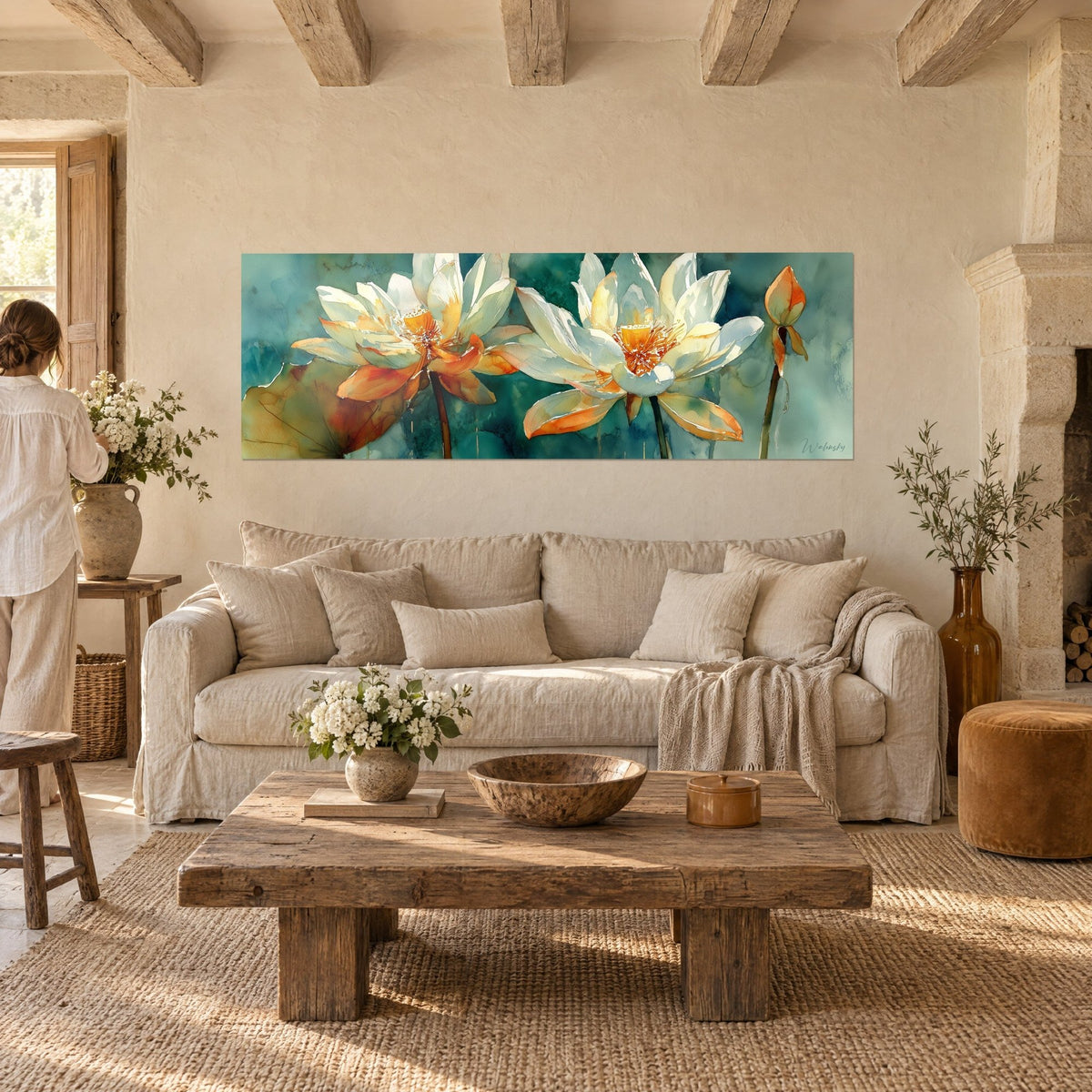 Schilderij witte waterlelies met oranje harten op turquoise achtergrond, panoramische aquarel, boven een bank in een lichte woonkamer