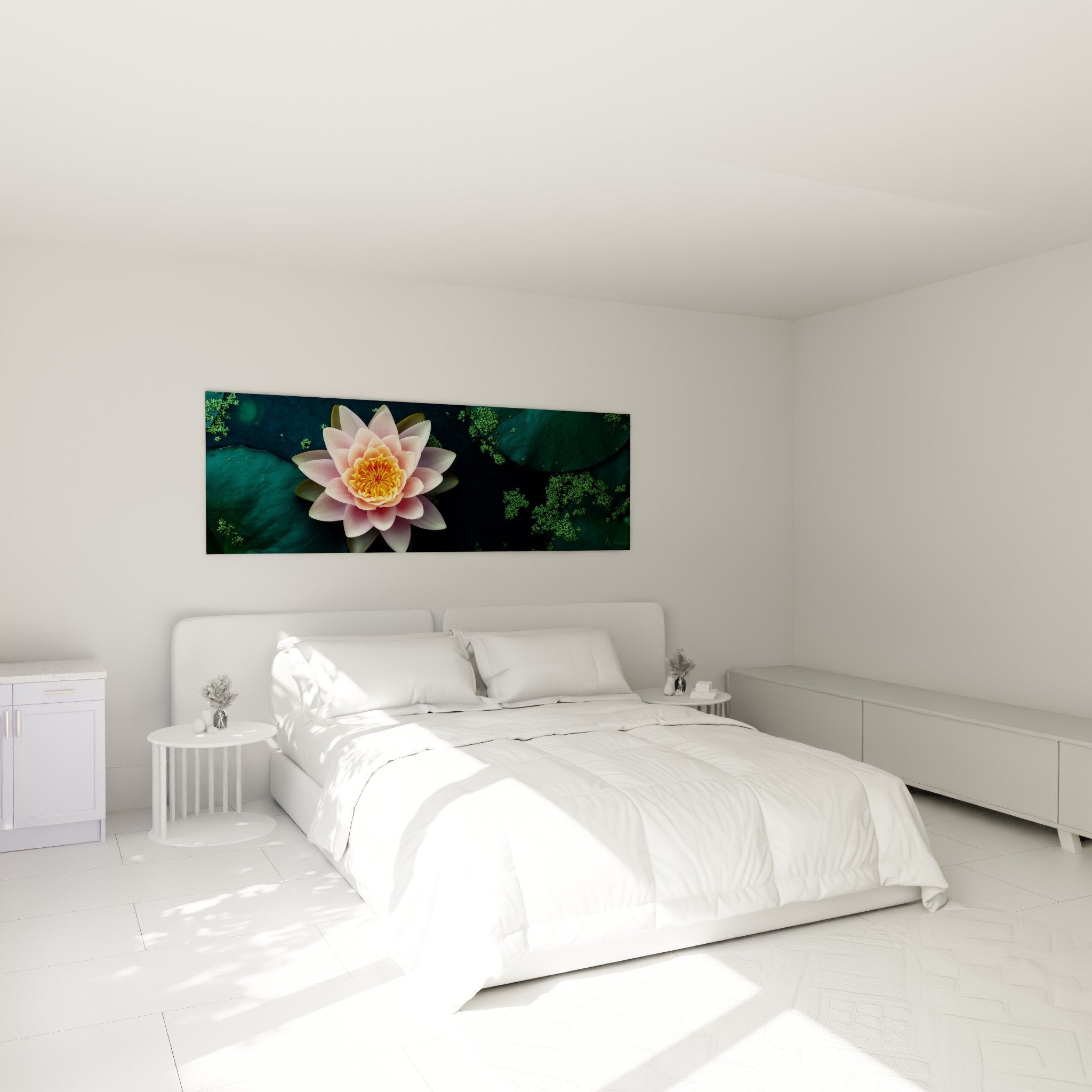 Tableau nénuphar tons roses dans chambre moderne, ambiance zen et relaxante pour décoration murale