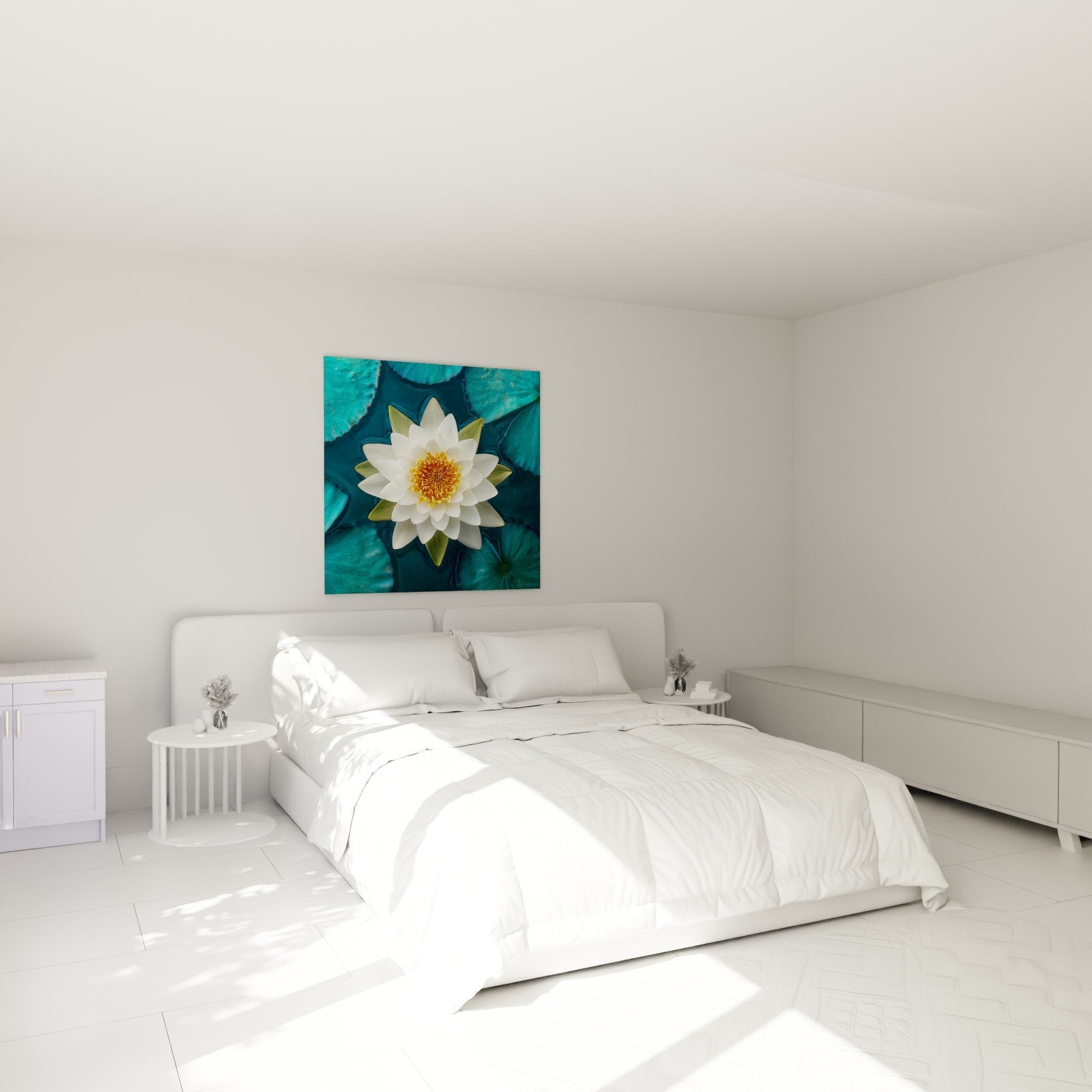 Weiße und türkise Seerose über einem Bett, schaffung einer beruhigenden atmosphäre im modernen schlafzimmer