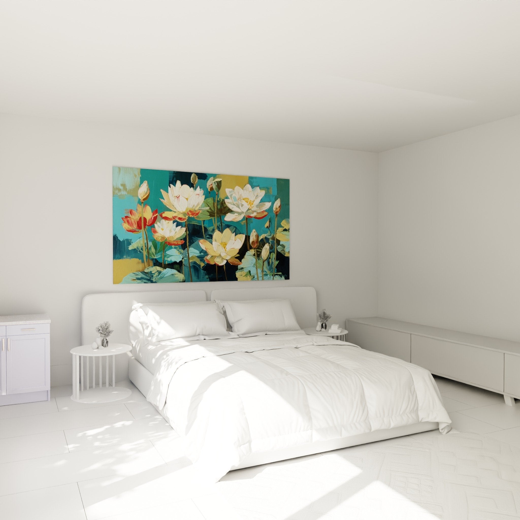 Tableau lotus blancs dans chambre moderne, décoration murale apaisante tons turquoise et or