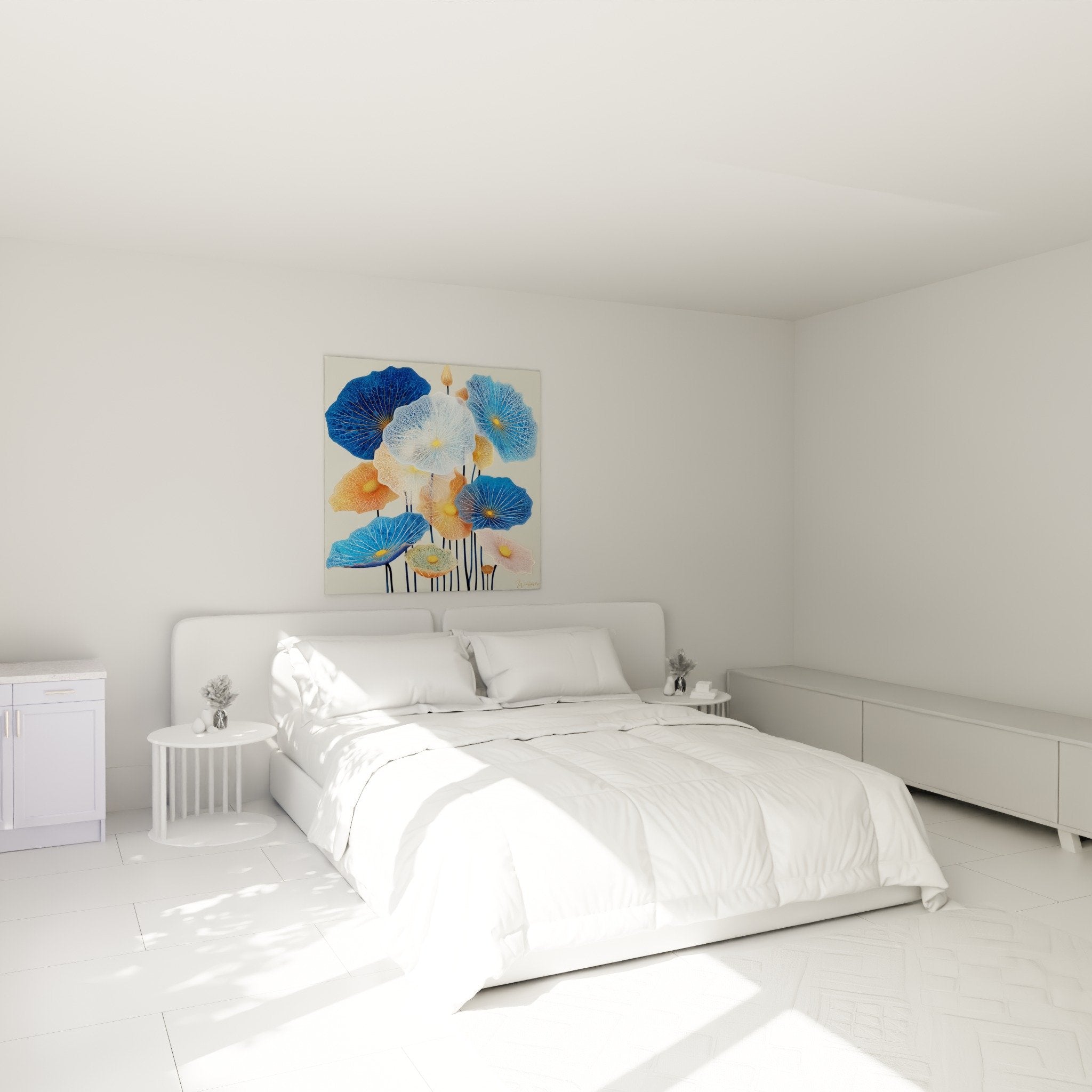 Tableau nénuphars bleus et dorés installé dans chambre zen aux tons naturels avec mobilier en bois clair