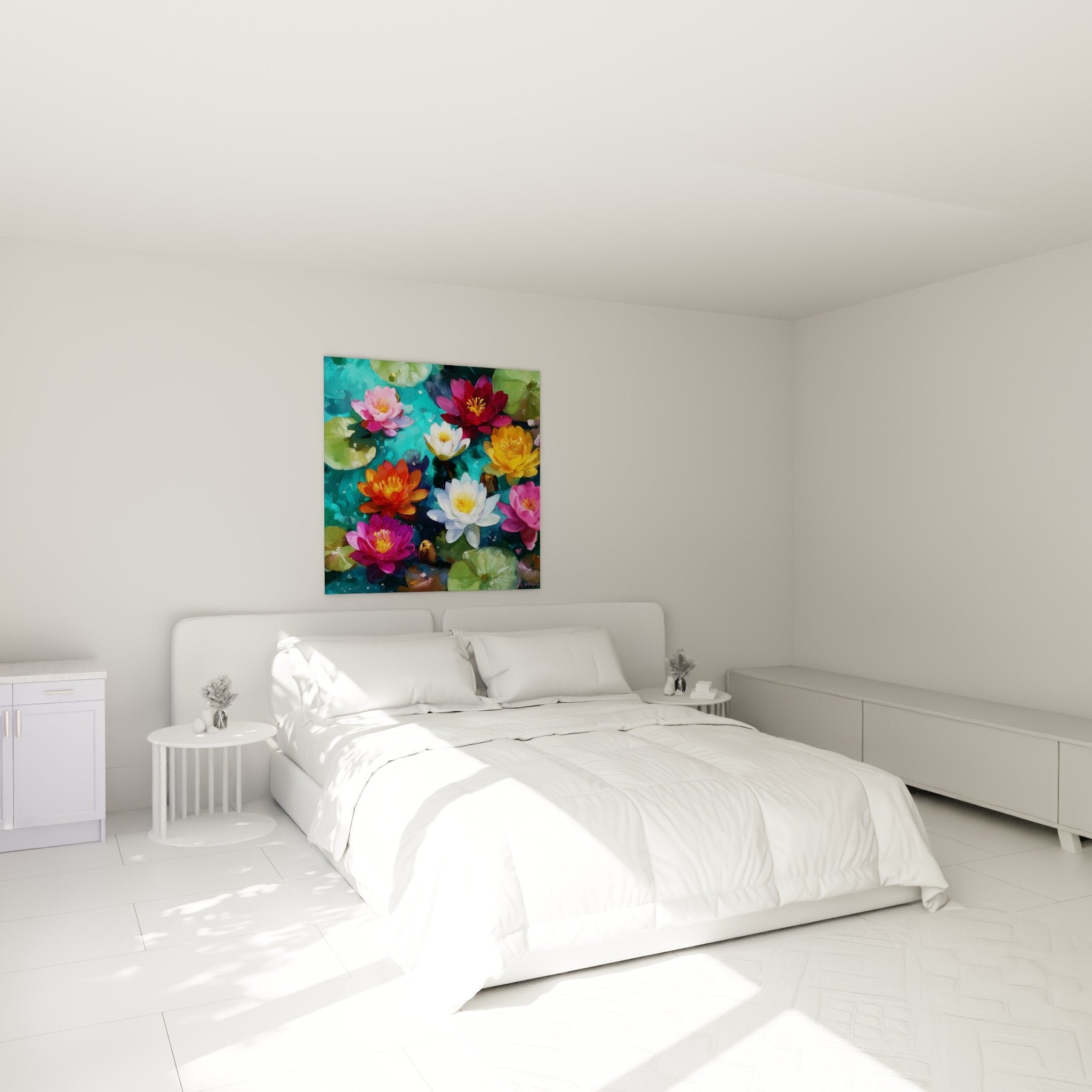 Tableau nénuphars colorés décorant chambre moderne avec bassin aquatique et fleurs épanouies tons apaisants