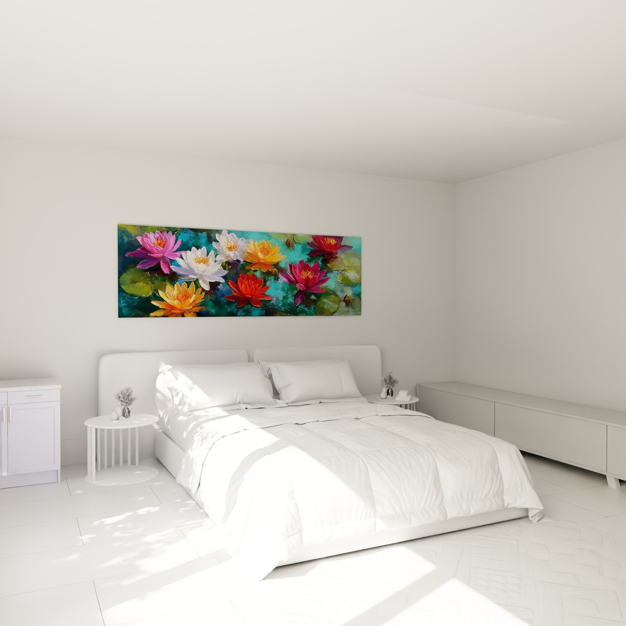Tableau floral nénuphars colorés dans chambre moderne, décoration murale apaisante jardin aquatique