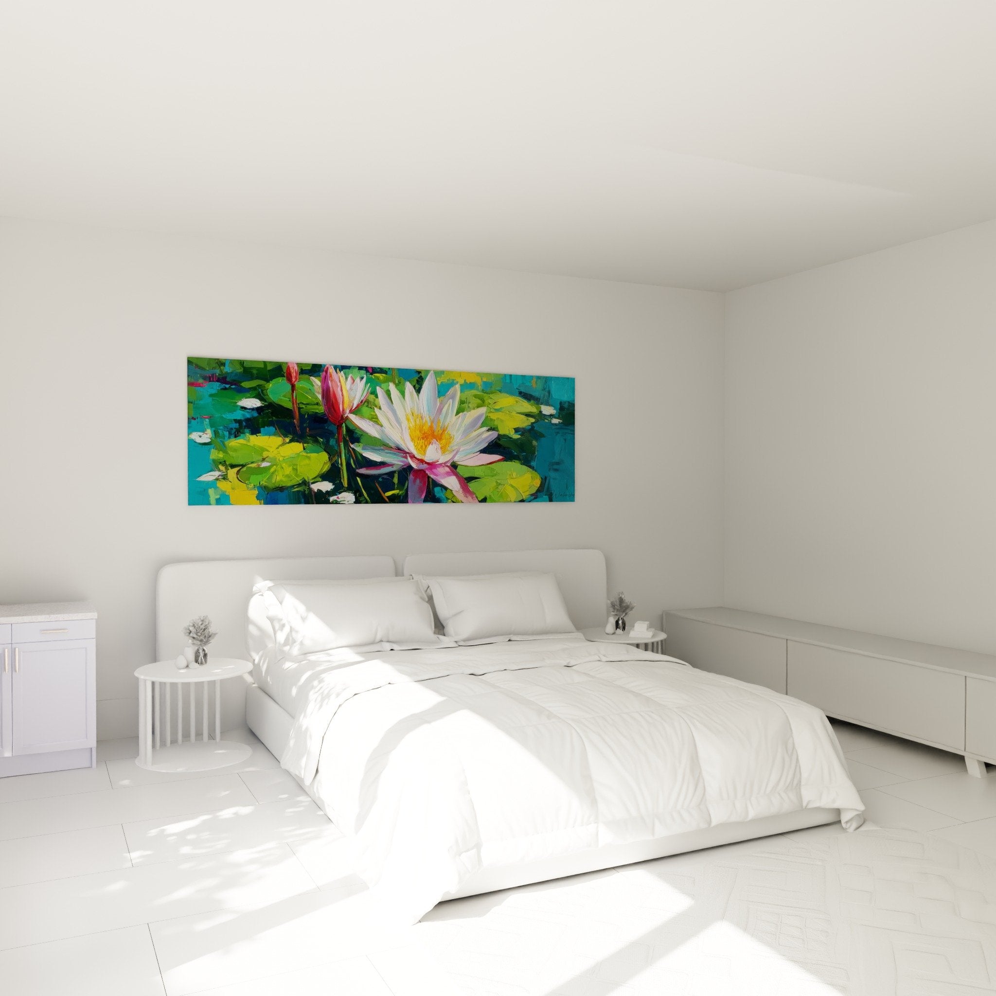 Tableau nénuphars aquatiques décorant chambre mur blanc mobilier moderne ambiance zen relaxante