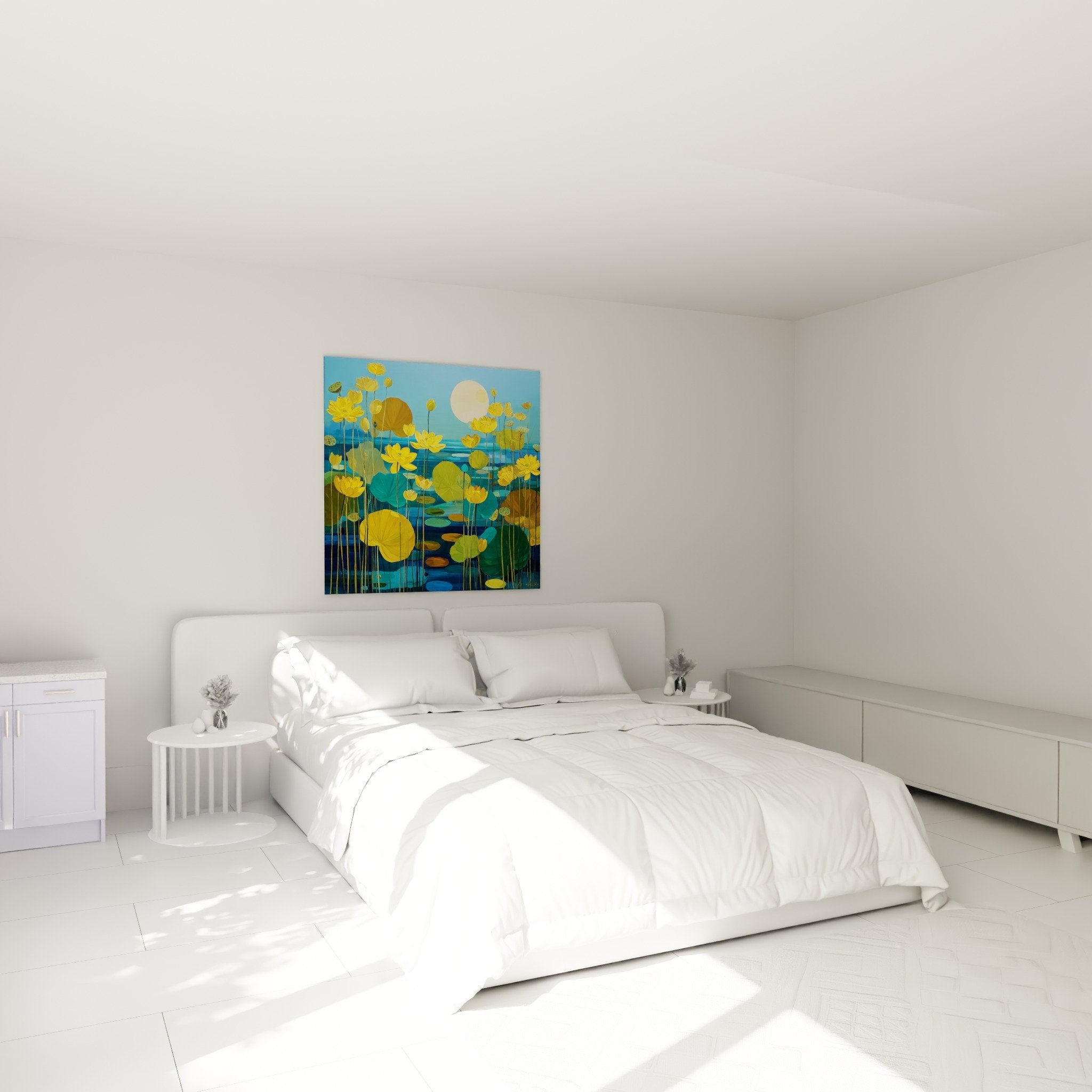 Yellow water lilies on blue water in modern bedroom, zen and soothing ambiance for wall art decoration