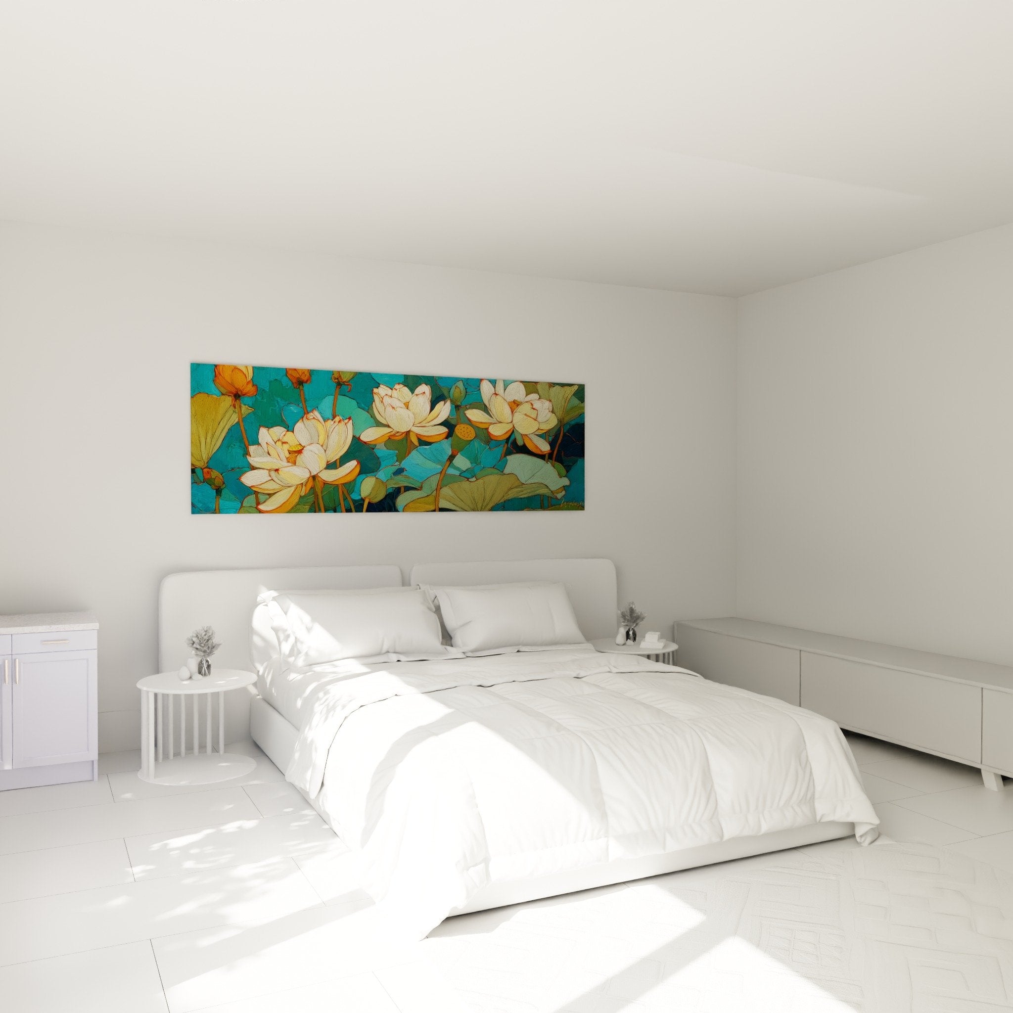 Tableau nénuphars turquoise au-dessus d'un lit, décoration chambre zen, fleurs aquatiques blanches