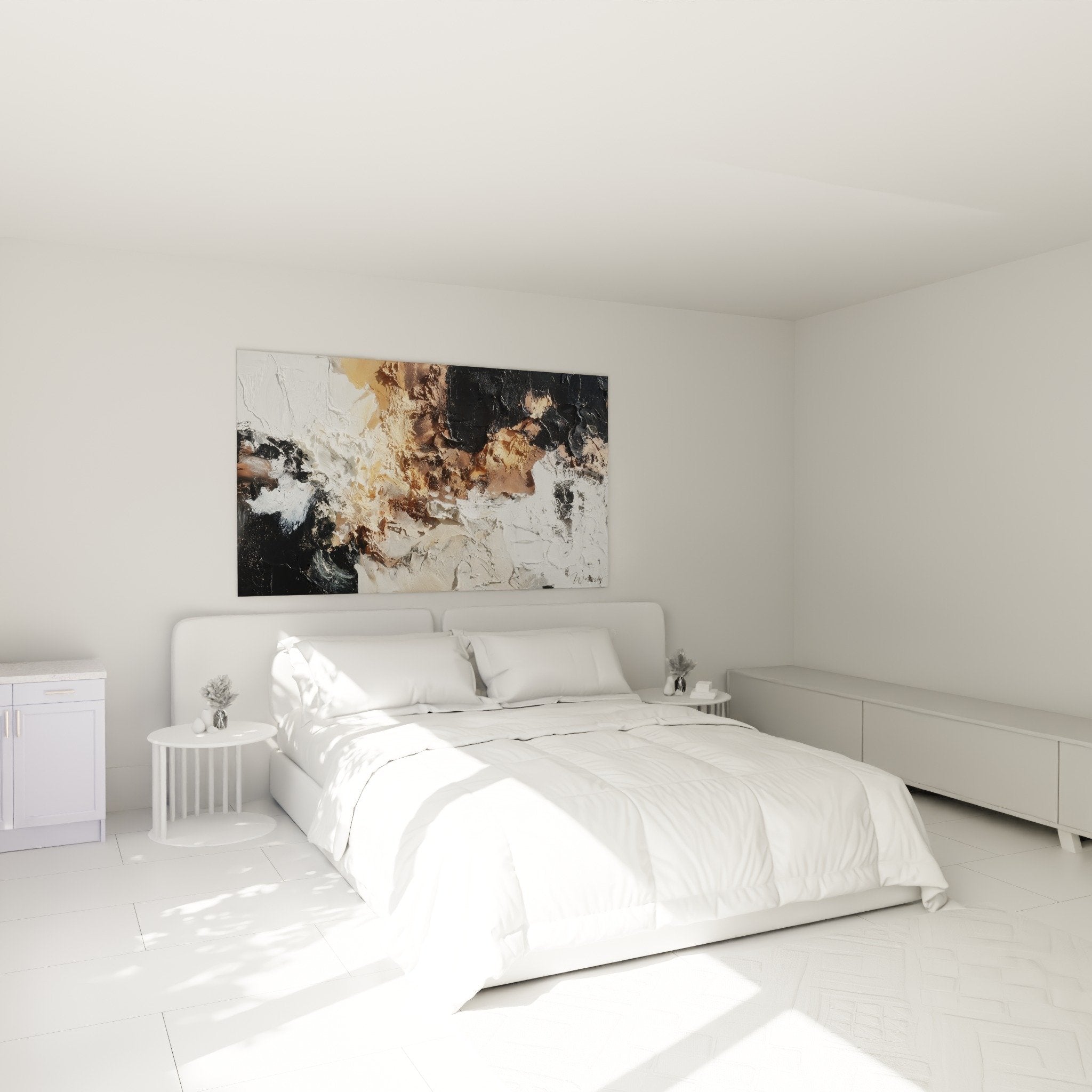 Textured abstract artwork white bronze in modern bedroom feng shui northeast earth decor