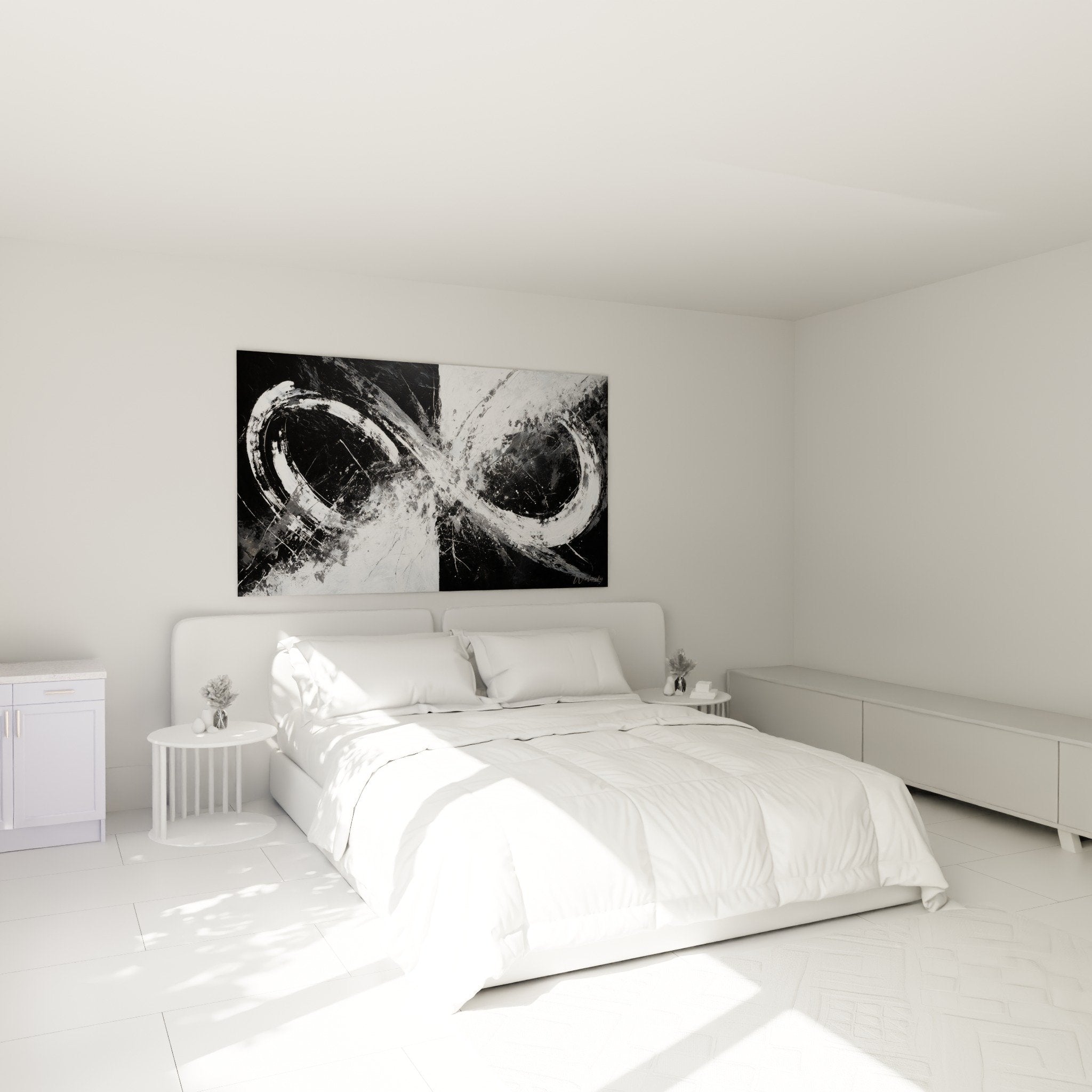 Abstrakte monochromatische Kunstwerk in modernem Schlafzimmer mit expressiver Geste Schwarz Weiß Feng Shui