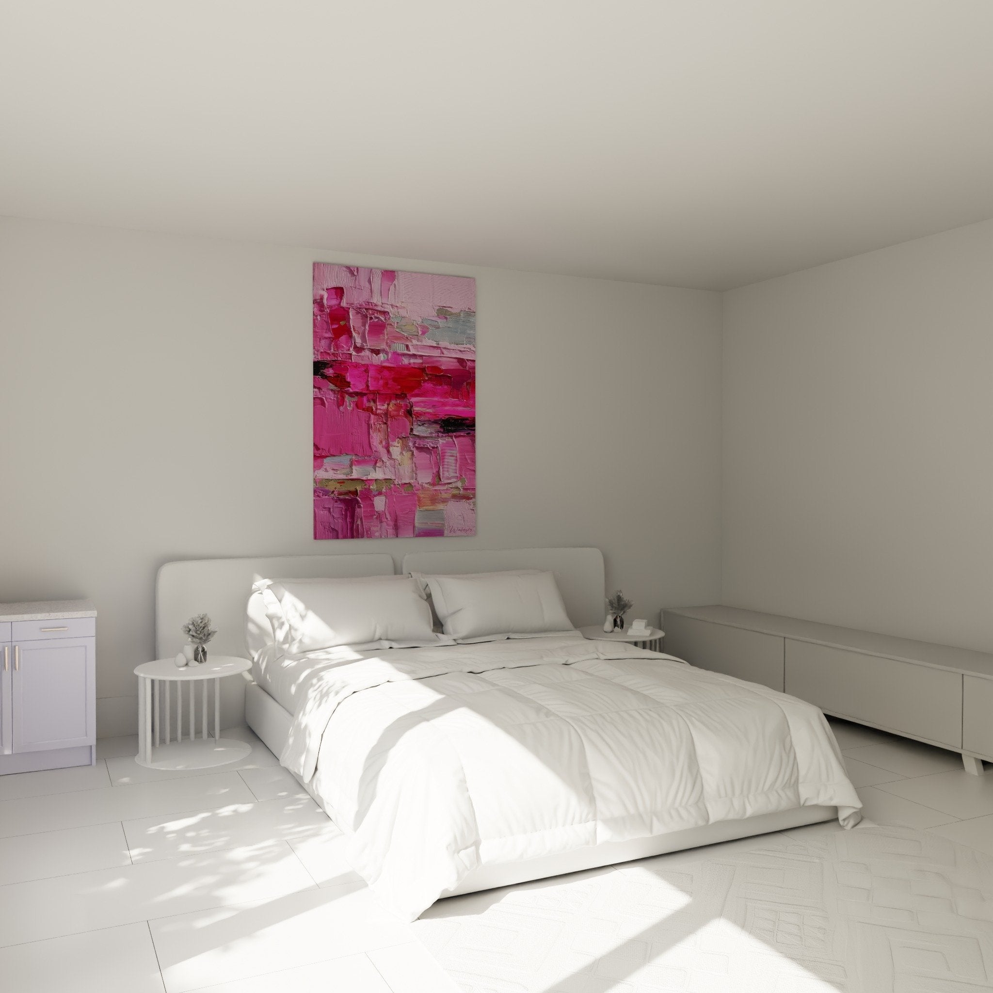 Œuvre abstraite rose fuchsia dans chambre moderne, ambiance douce et énergisante pour espace intime