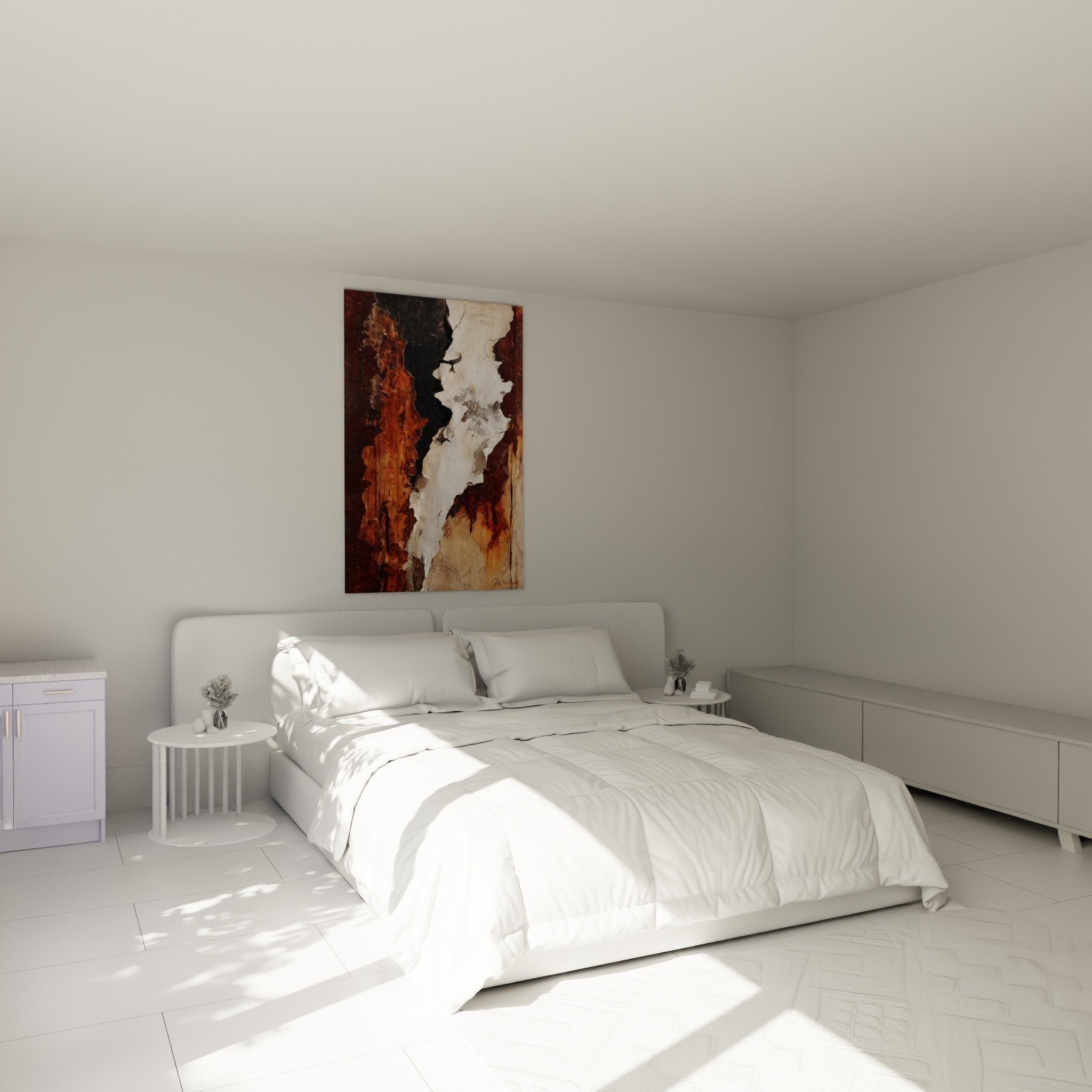 Œuvre abstraite terre et blanc dans chambre moderne - Ambiance apaisante et naturelle