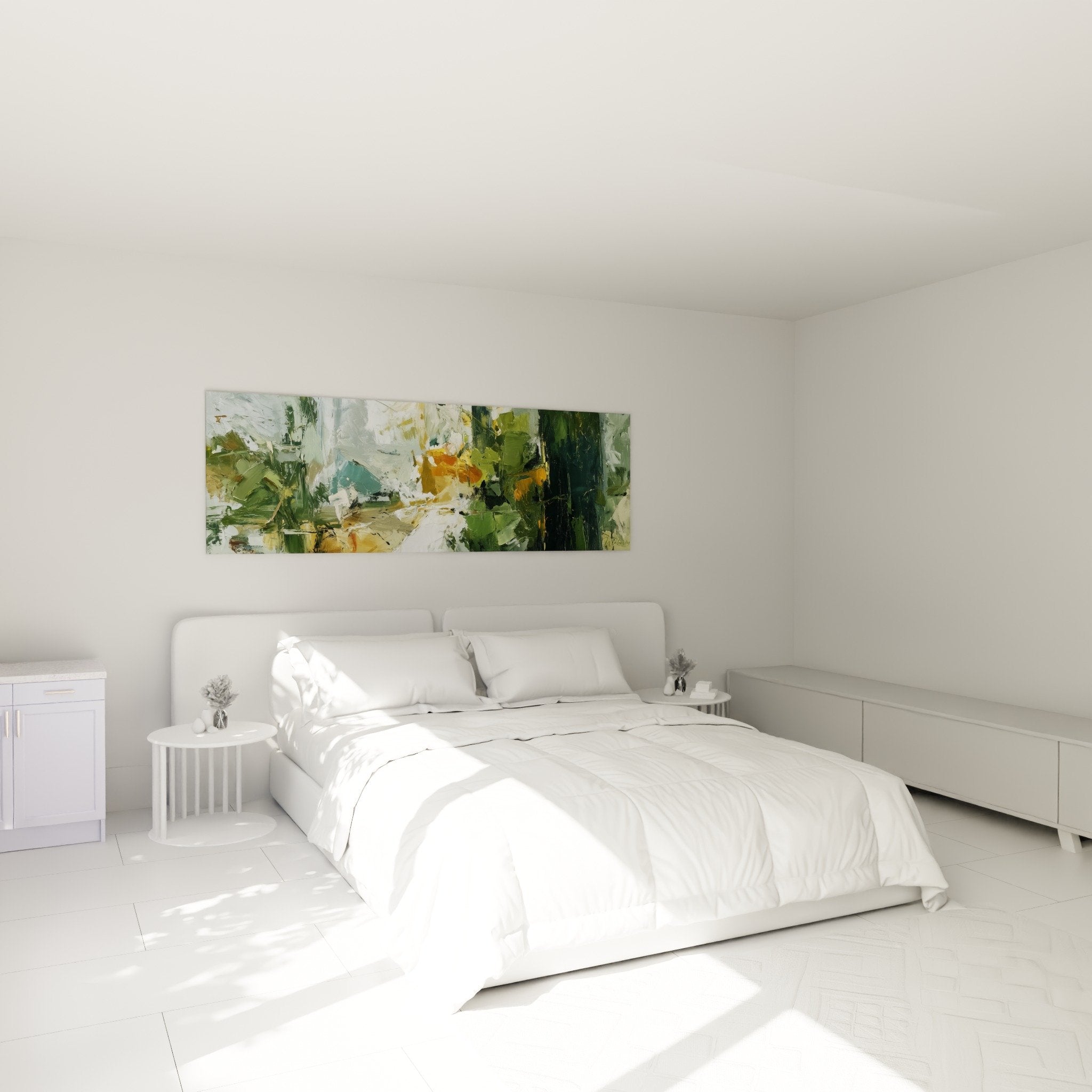 Œuvre abstraite verte et dorée au-dessus d'un lit, ambiance naturelle apaisante chambre