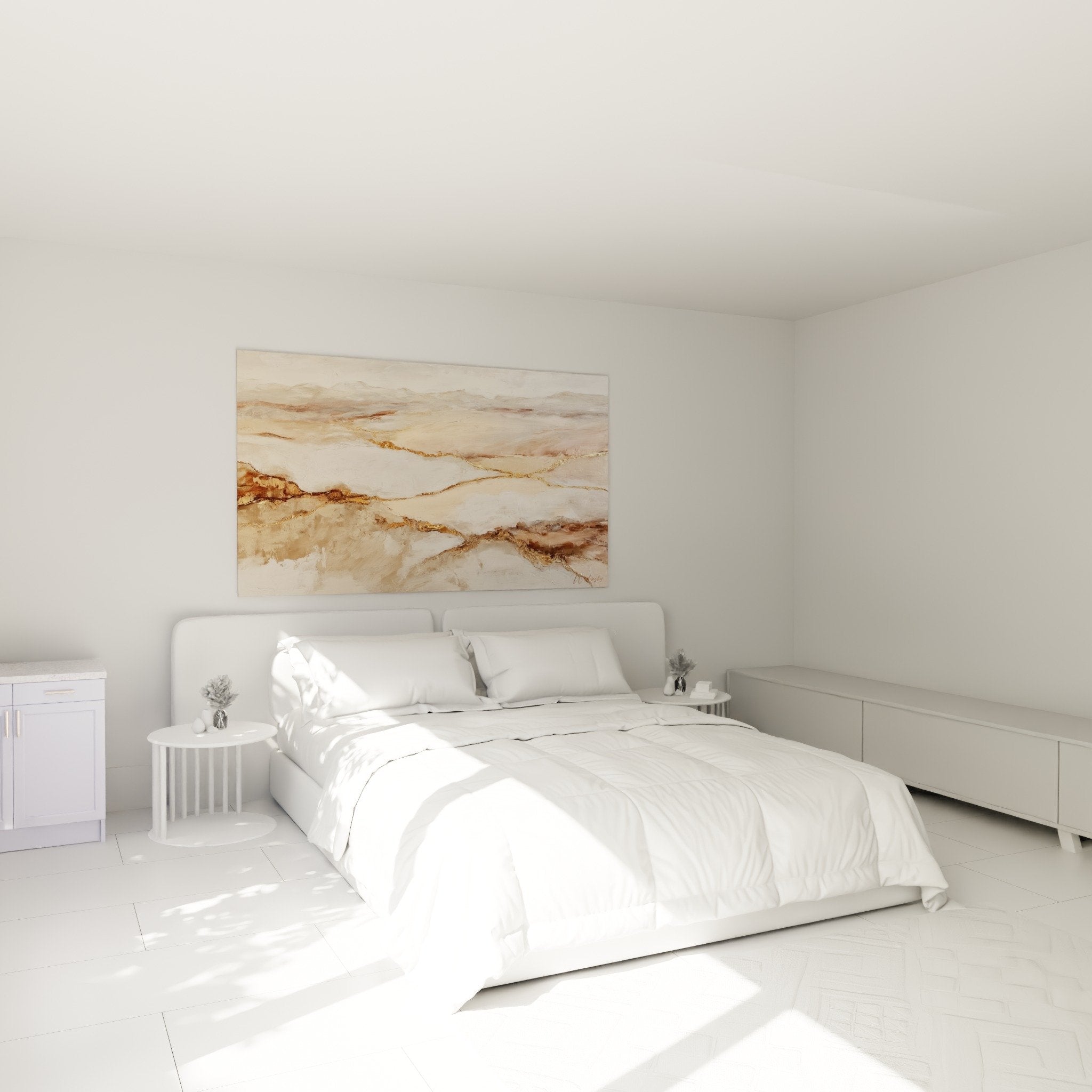 Œuvre abstraite beige et or installée dans chambre moderne aux tons neutres et mobilier naturel