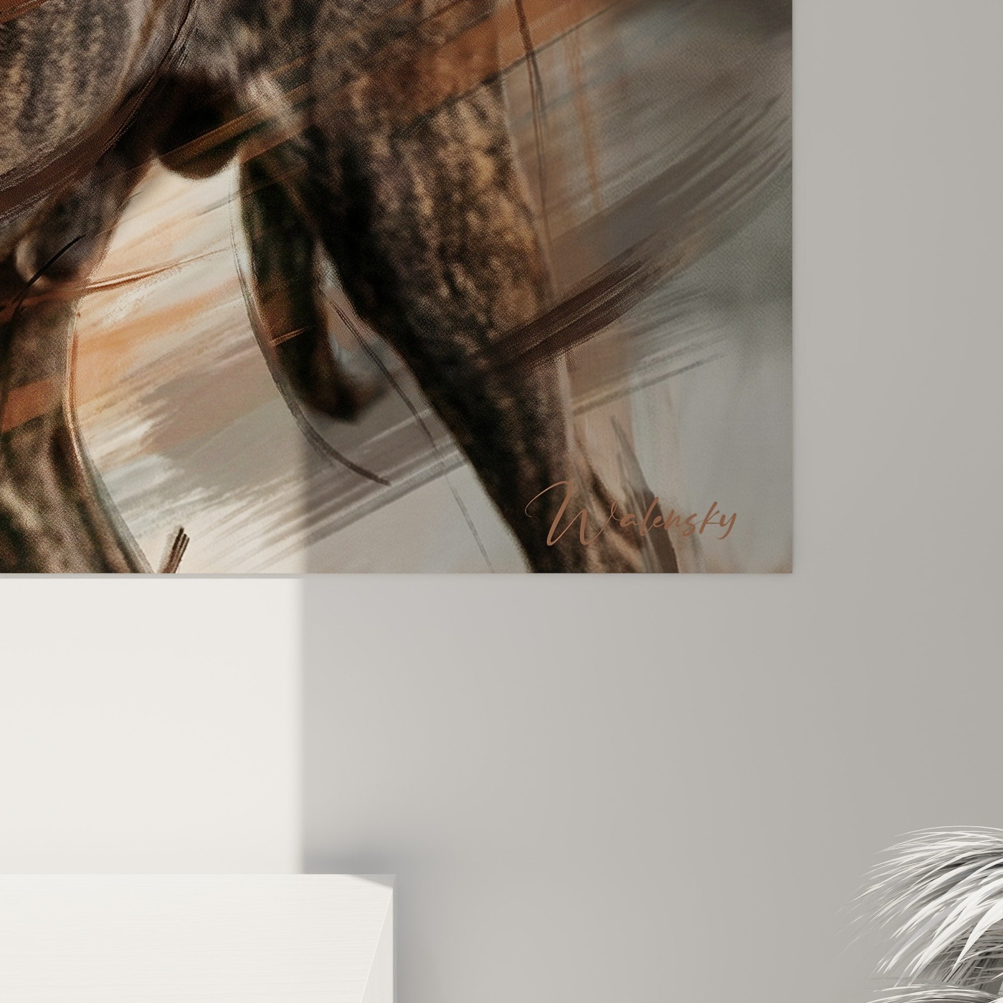 Overview of Fila Brasileiro artwork with graphic effects in elegant interior with light walls