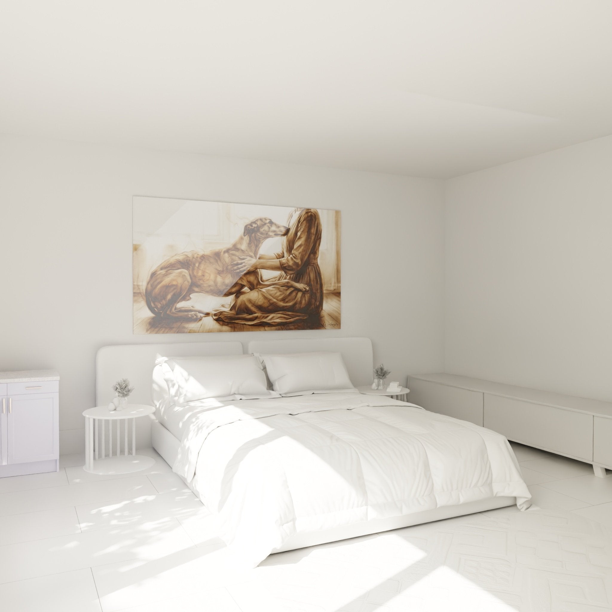 Œuvre sépia lévrier greyhound et femme dans une chambre aux tons naturels et ambiance cosy