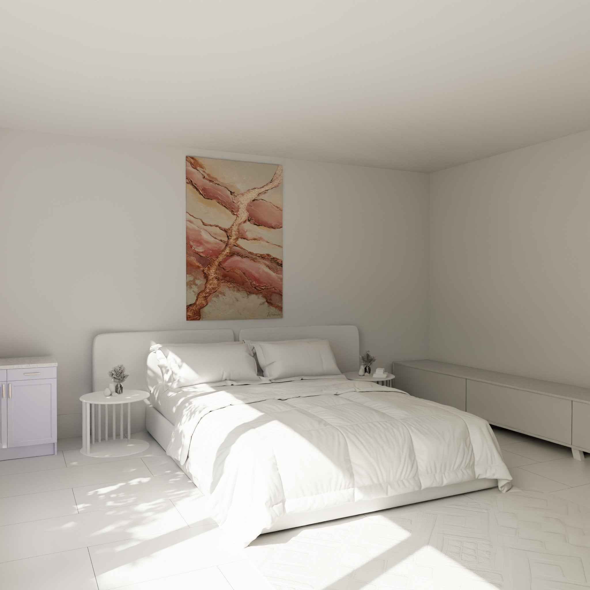 Œuvre abstraite veines métalliques roses installée au-dessus d'un lit, ambiance chambre contemporaine apaisante