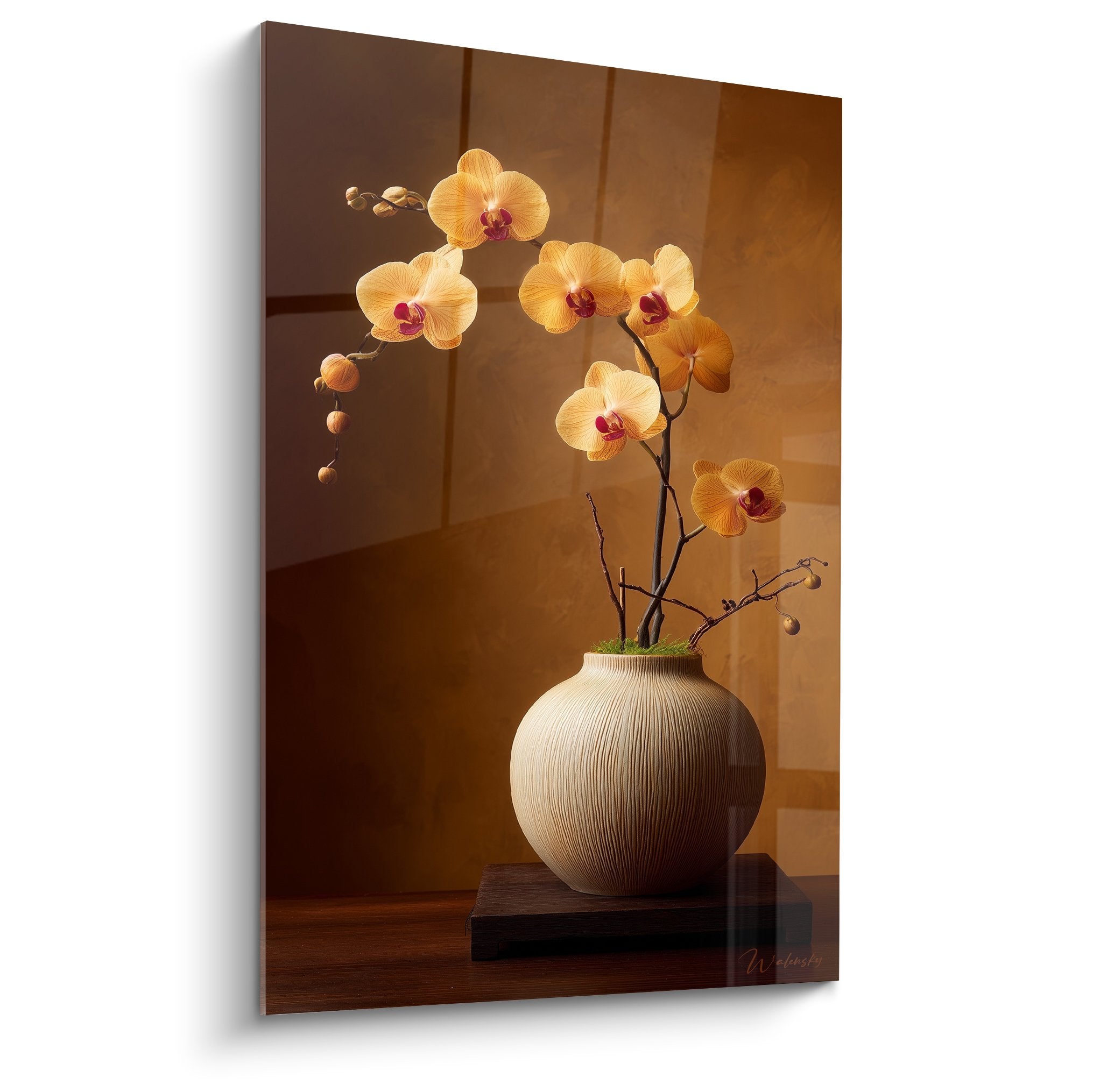 Golden orchids in textured vase, zen floral composition with copper and bronze tones on warm background