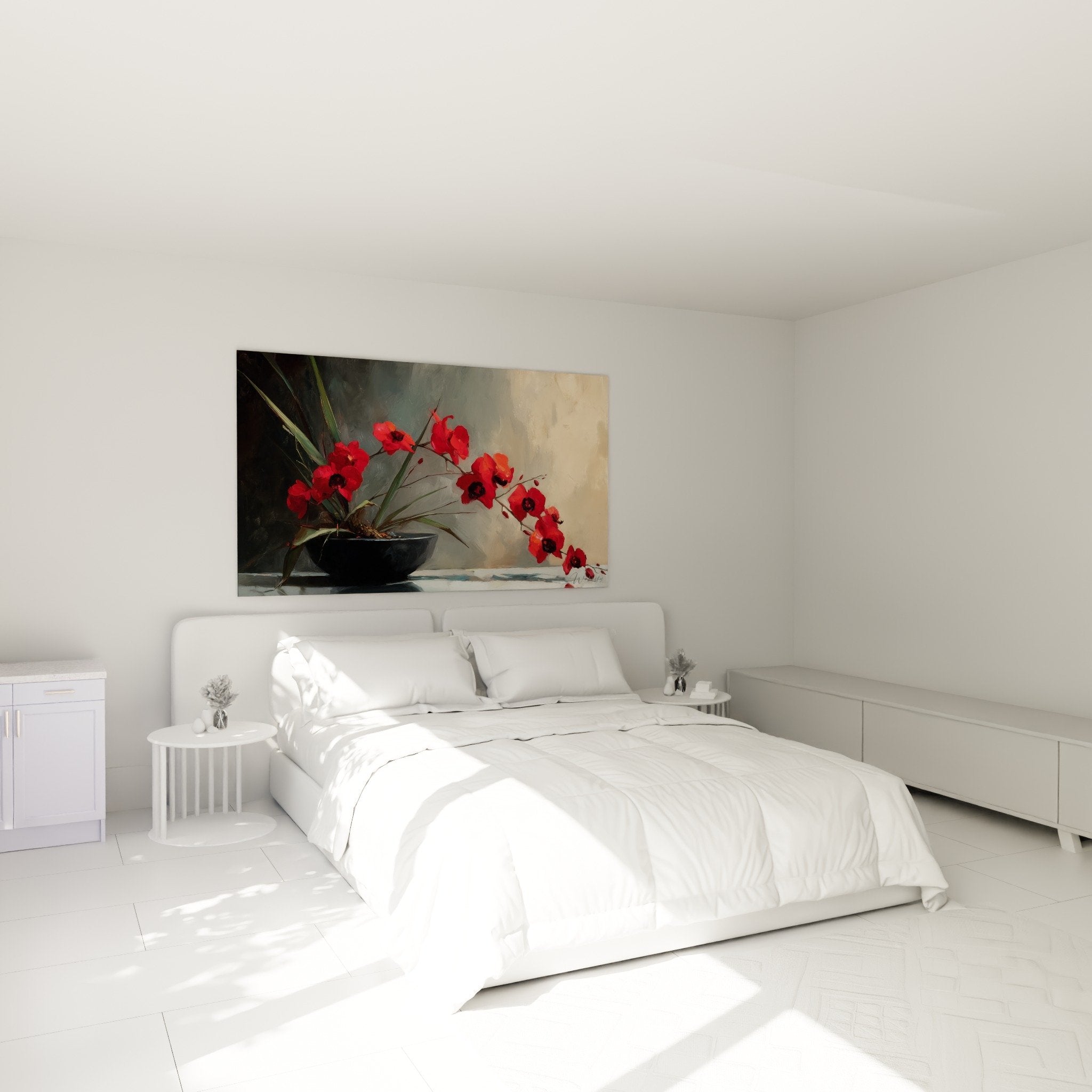 Red orchids black bowl in modern bedroom white wall Japanese zen floral decor