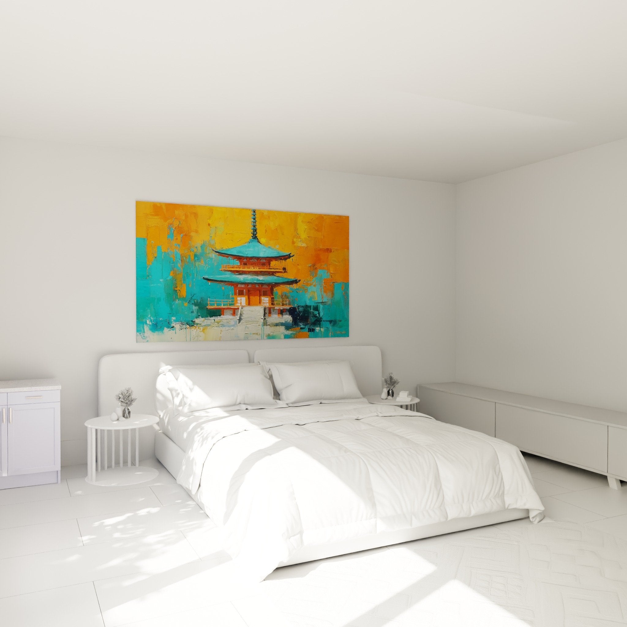 Pagode abstraite orange bleu decoration murale chambre ambiance zen orientale moderne