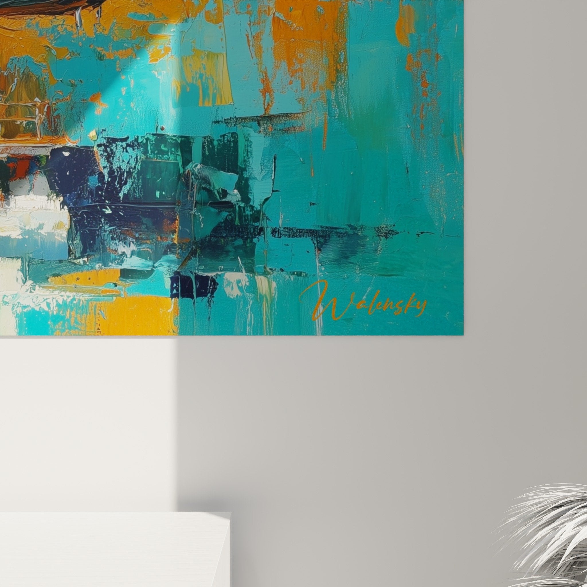 Vue ensemble pagode abstraite orange bleu decoration interieur moderne art oriental contemporain