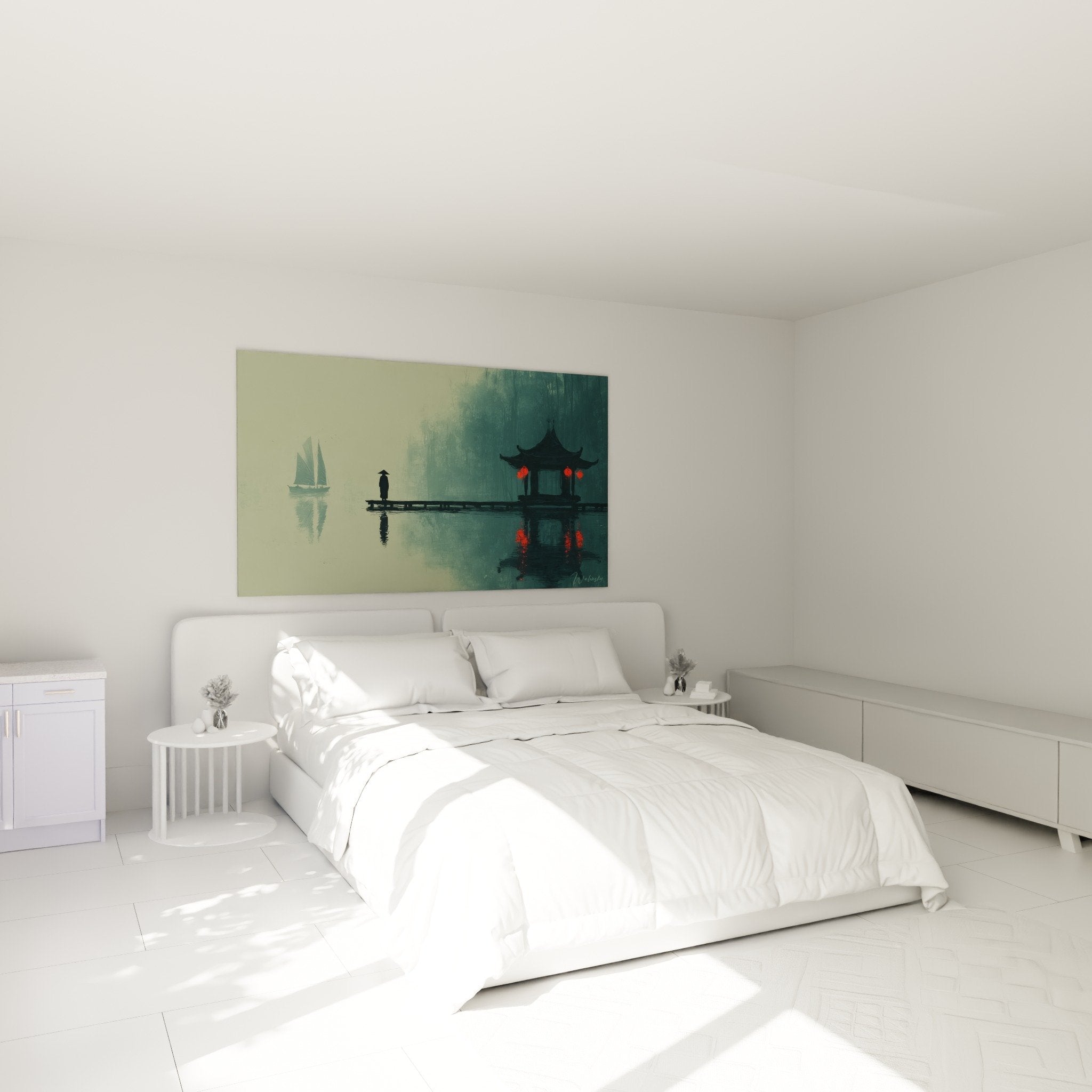Green and red pagoda painting in zen bedroom, soothing Asian atmosphere for wall decoration