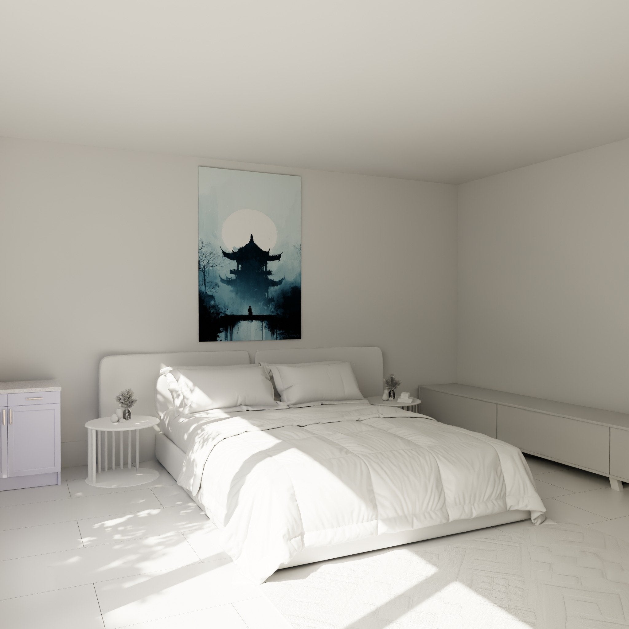 Tableau pagode brumeux accroché au-dessus lit dans chambre zen aux tons blancs et bleus apaisants