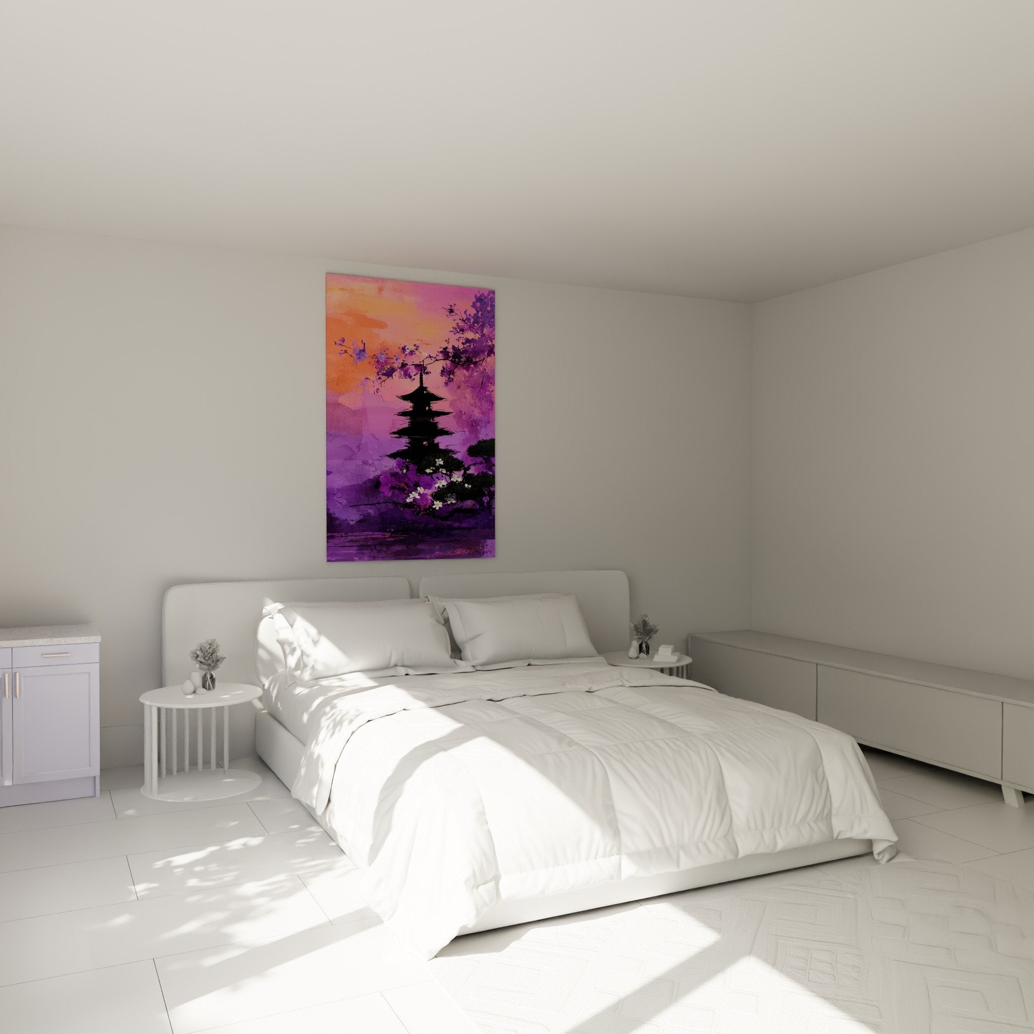 Pink purple sunset pagoda wall art hanging in bedroom, calming zen wall decor with serene ambiance