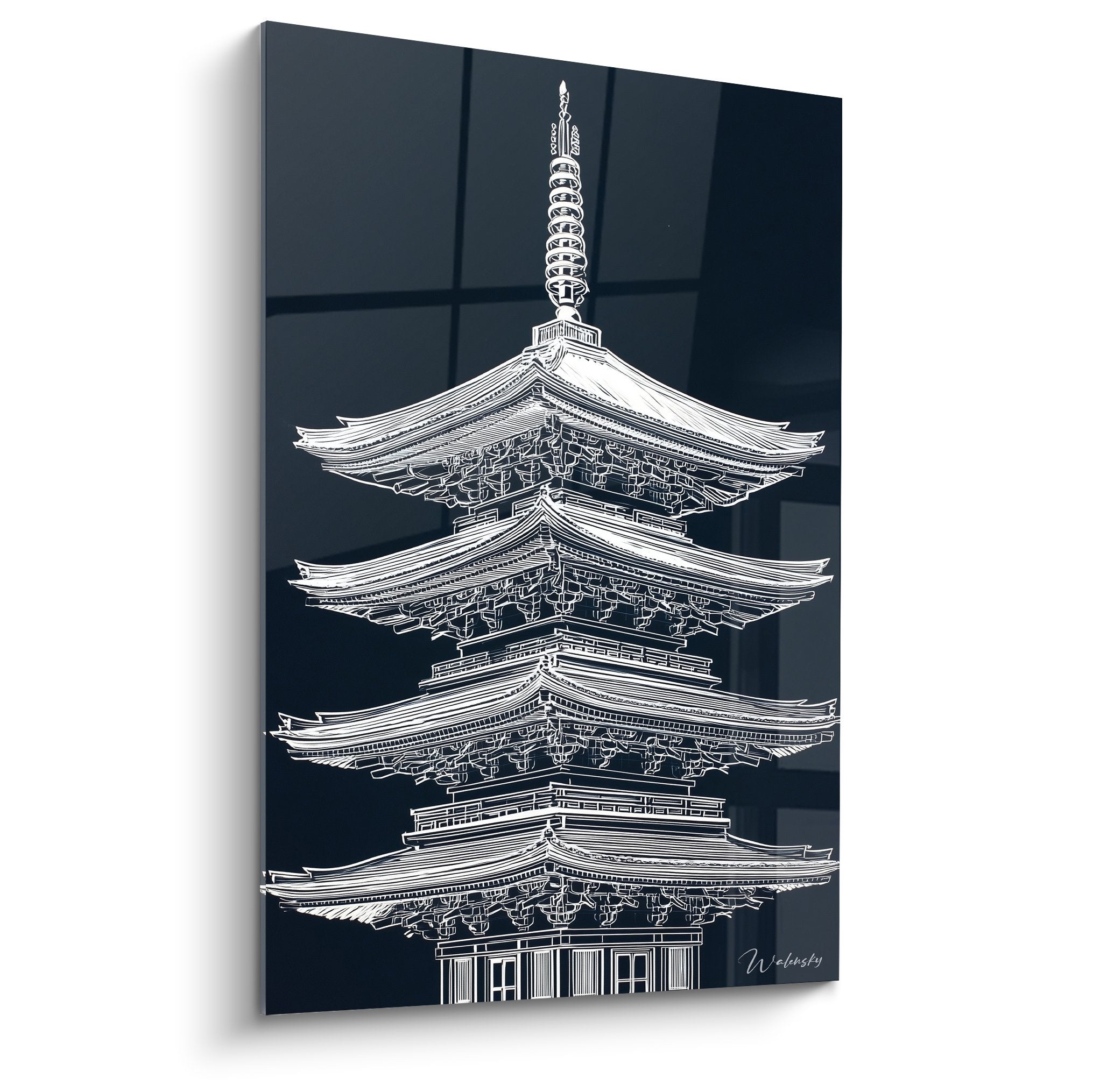 tableau pagode japonaise dessin blanc fond bleu marine architecture traditionnelle cinq etages