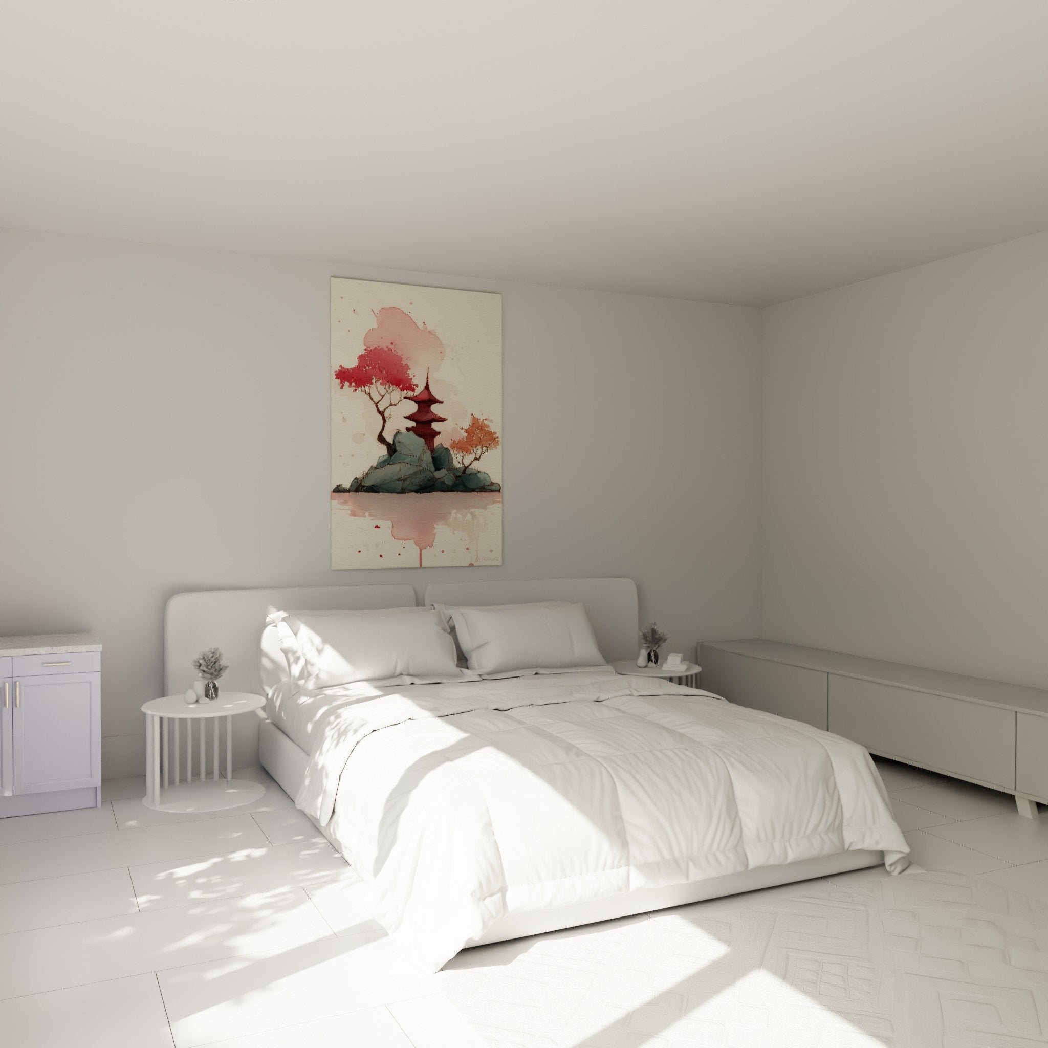 red pagoda pink cherry blossoms wall art bedroom zen atmosphere watercolor