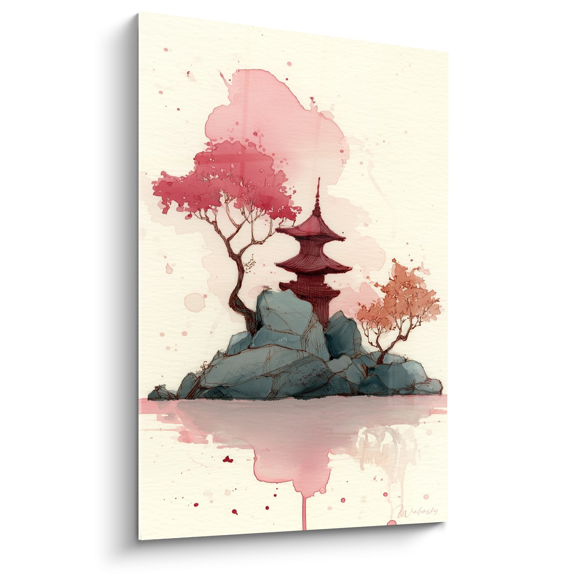 watercolor painting red pagoda on rocks with pink cherry blossoms water reflection zen style