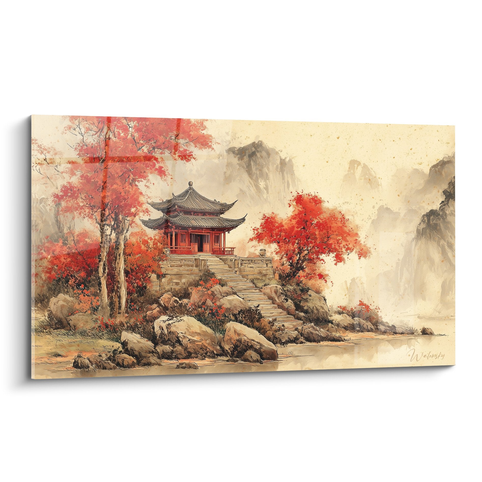 Tableau pagode temple asiatique rouge automne feuillages dores montagnes brumeuses escalier pierre